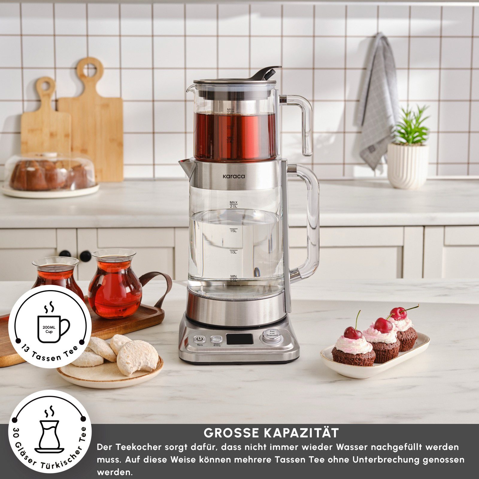 Karaca Wasserkocher Karaca x Refika XL Glas Teezubereiter 2,8L Kapazität, Chrom, 2200 W – Bild 5 von 5
