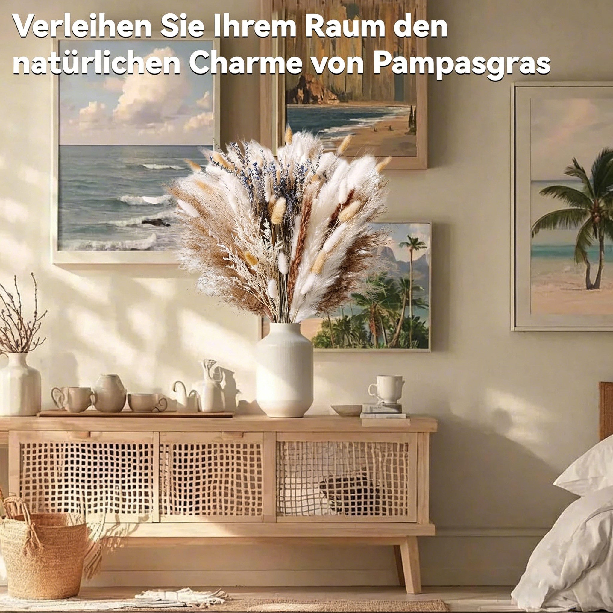 Trockenblume Pampasgras Deko,Fensterbrett Deko & Wohnzimmerdeko im Boho Stil 105pcs Braun,Weiß Pampasgras, Lavendel und Schilfgräser, wohnTRAUM24, Höhe 43 cm, DIY Trockene Blüten Strauß for Boho Wohnzimmer-Schlafzimmer-und Vasen