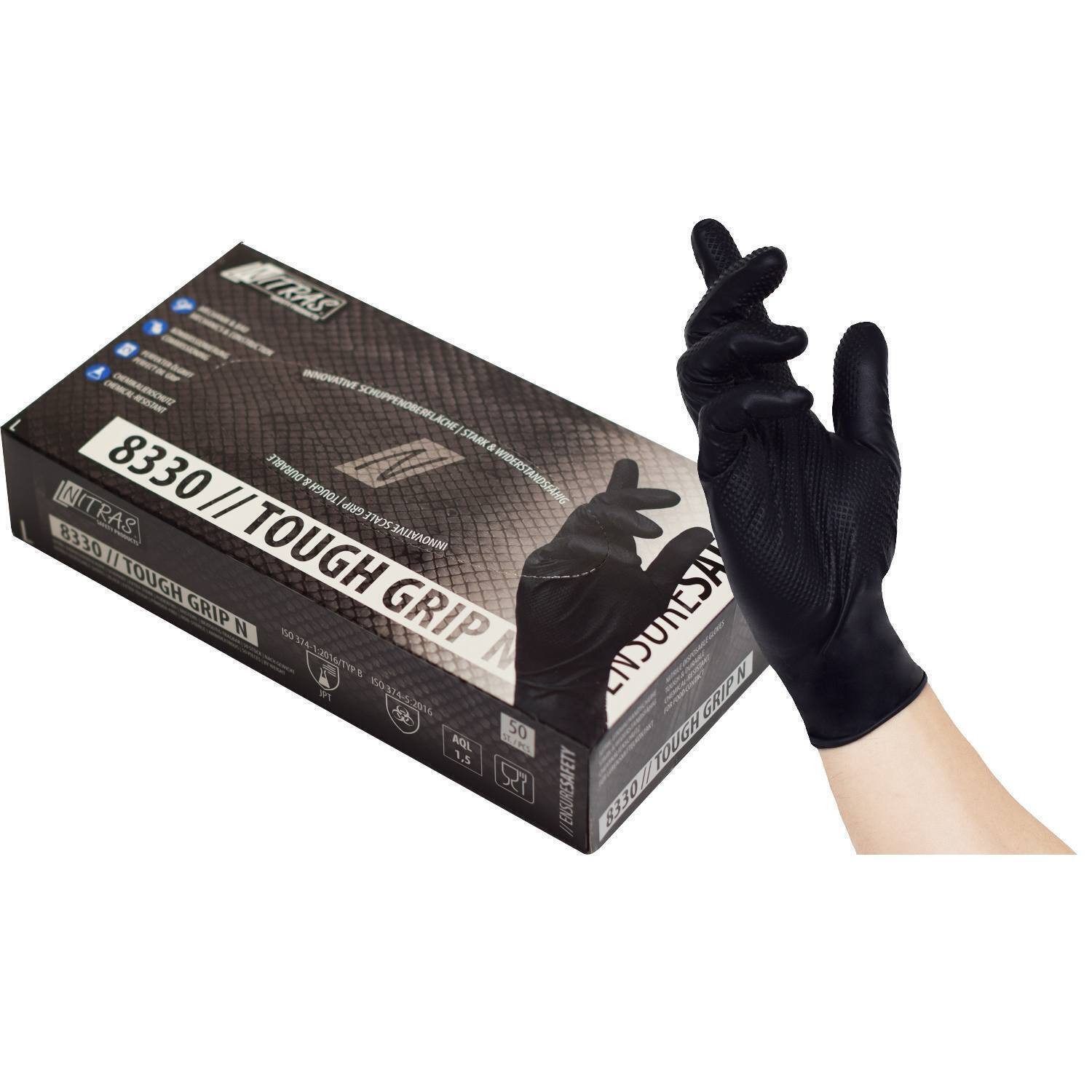 Nitras Einweghandschuhe 8330 Einmalhandschuh Nitril Touch Grip schwarz (Box je 50 Stück, Gr S-XXL) ölbeständig/ extra Grip
