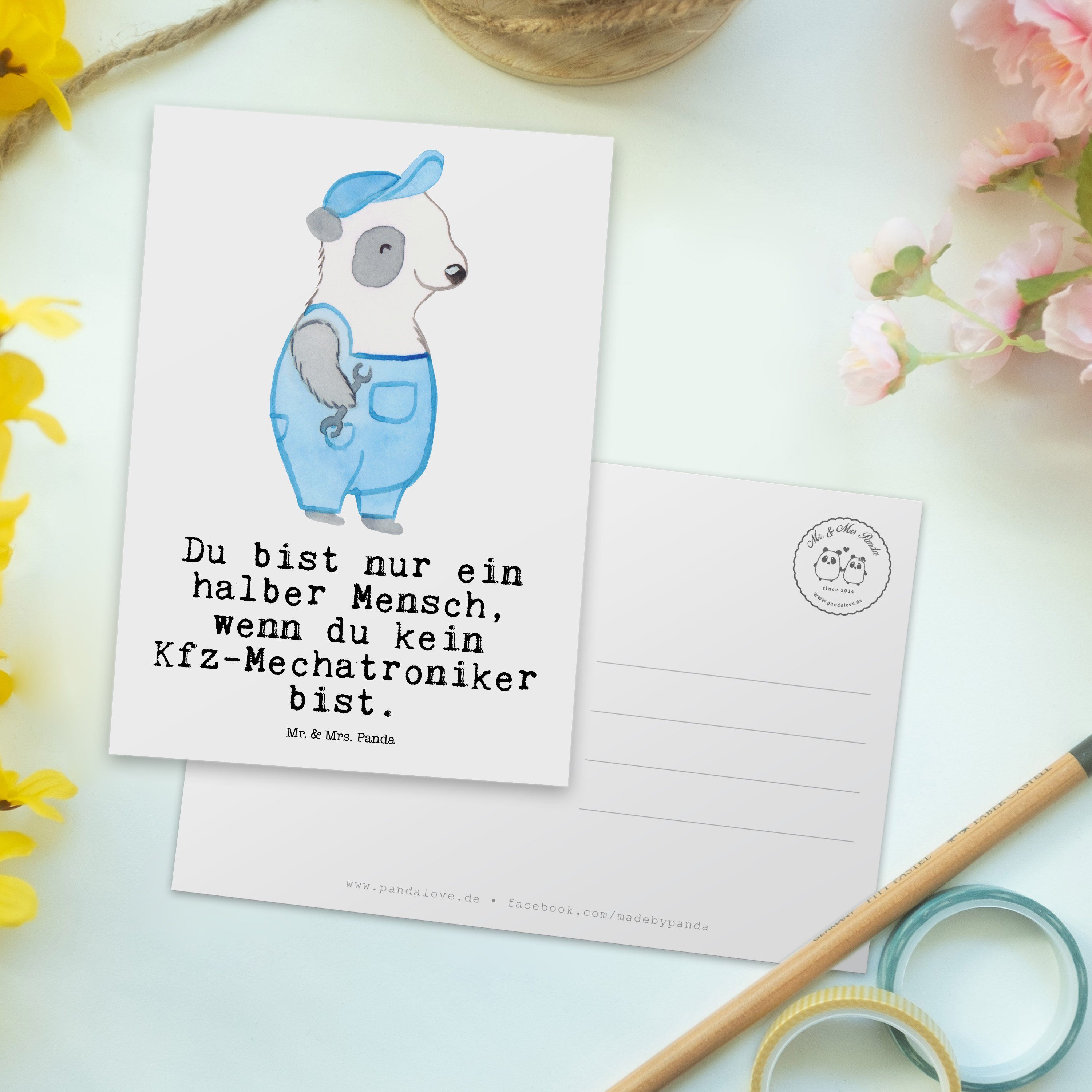 Panda Geschenk, Einladu Mrs. - Kfz-Mechatroniker Mr. mit & Karte, - Herz Meister, Postkarte Weiß