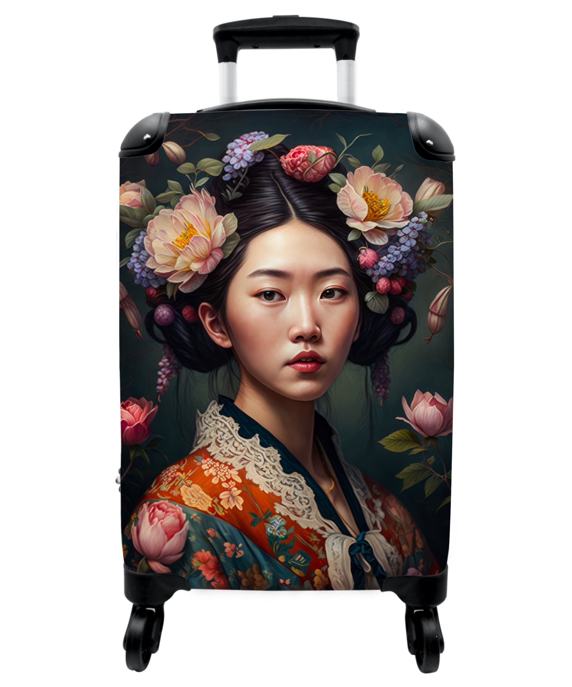 NoBoringSuitcases.com© Handgepäckkoffer 55x35x20cm Frau - Blumen - Kimono - Porträt - Asiatisch, 4 Rollen, Handgepäck Trolley Rollkoffer Kleine Reisekoffer mit 4 Rollen - Cabin