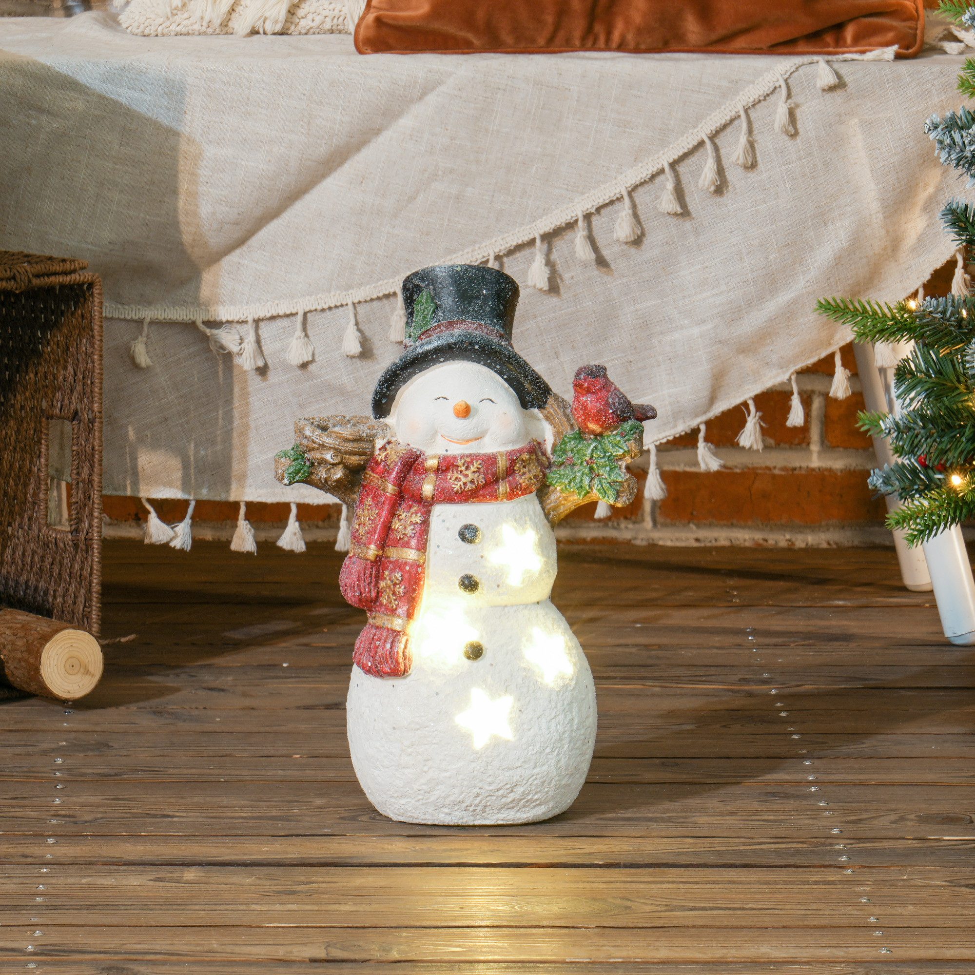 HOMCOM Weihnachtsfigur Schneemann mit Vögel, 38 cm, mit LED-Licht (Weihnachtsdeko Figur, 1 St., Dekofigur), Weihnachten, für In- und Outdoor