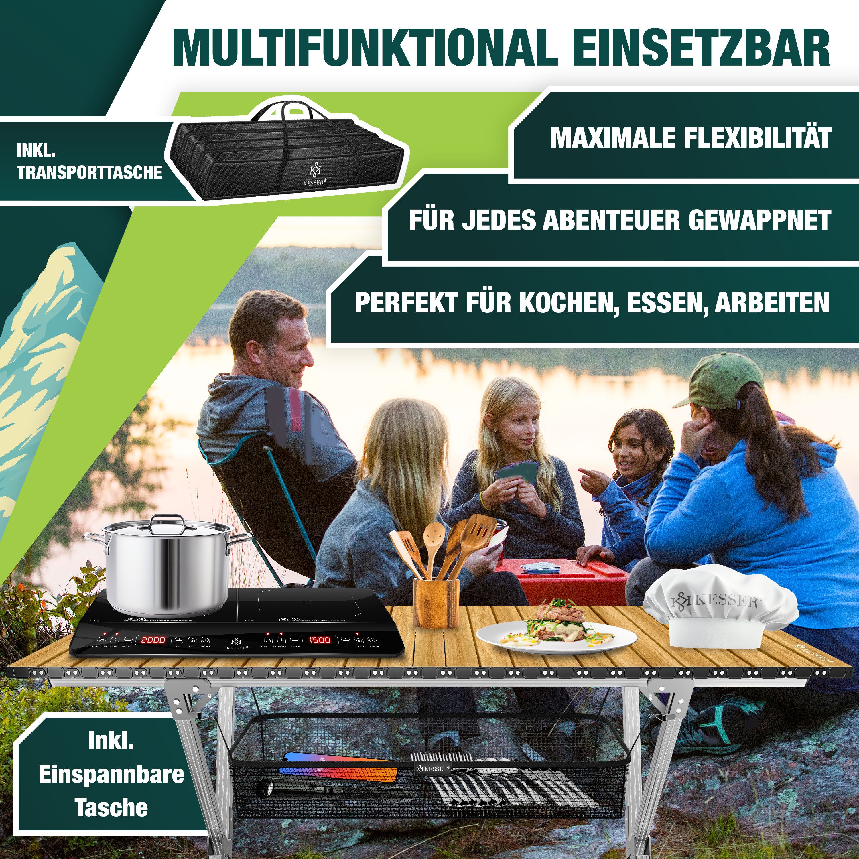 KESSER Campingtisch Klapptisch faltbar mit aufrollbarer Tischplatte (145x70cm klappbarer Tisch inkl. Tragetasche mit Trageband & Netztasche), Falttisch mit Alum – Bild 3 von 5