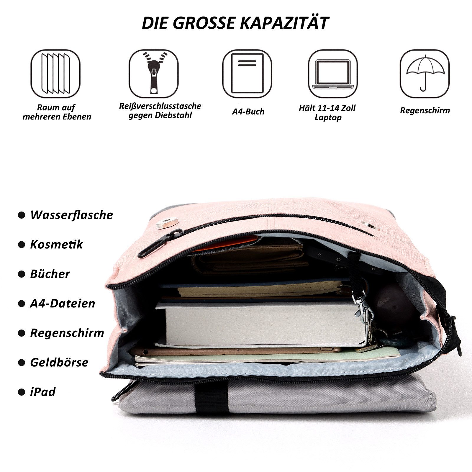 TAN.TOMI Schulrucksack Rucksack Damen Groß, Hohe Kapazität Rucksack Modern Tagesrucksäcke, mit Laptop-Fach, Reiserucksack Damen Laptop Rucksack Cityrucksack – Bild 5 von 5