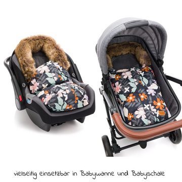 Fillikid Fußsack Lhotse - Blumen, Winterfußsack mit Fellkragen für Babyschale / Maxi Cosi & Babywanne