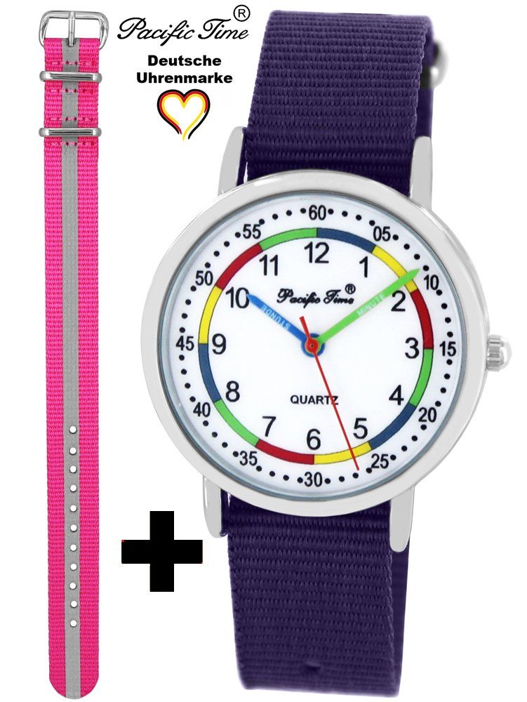Pacific Time Quarzuhr Set Kinder Armbanduhr First Lernuhr Wechselarmband, Mix und Match Design - Gratis Versand Reflektor pink und violett