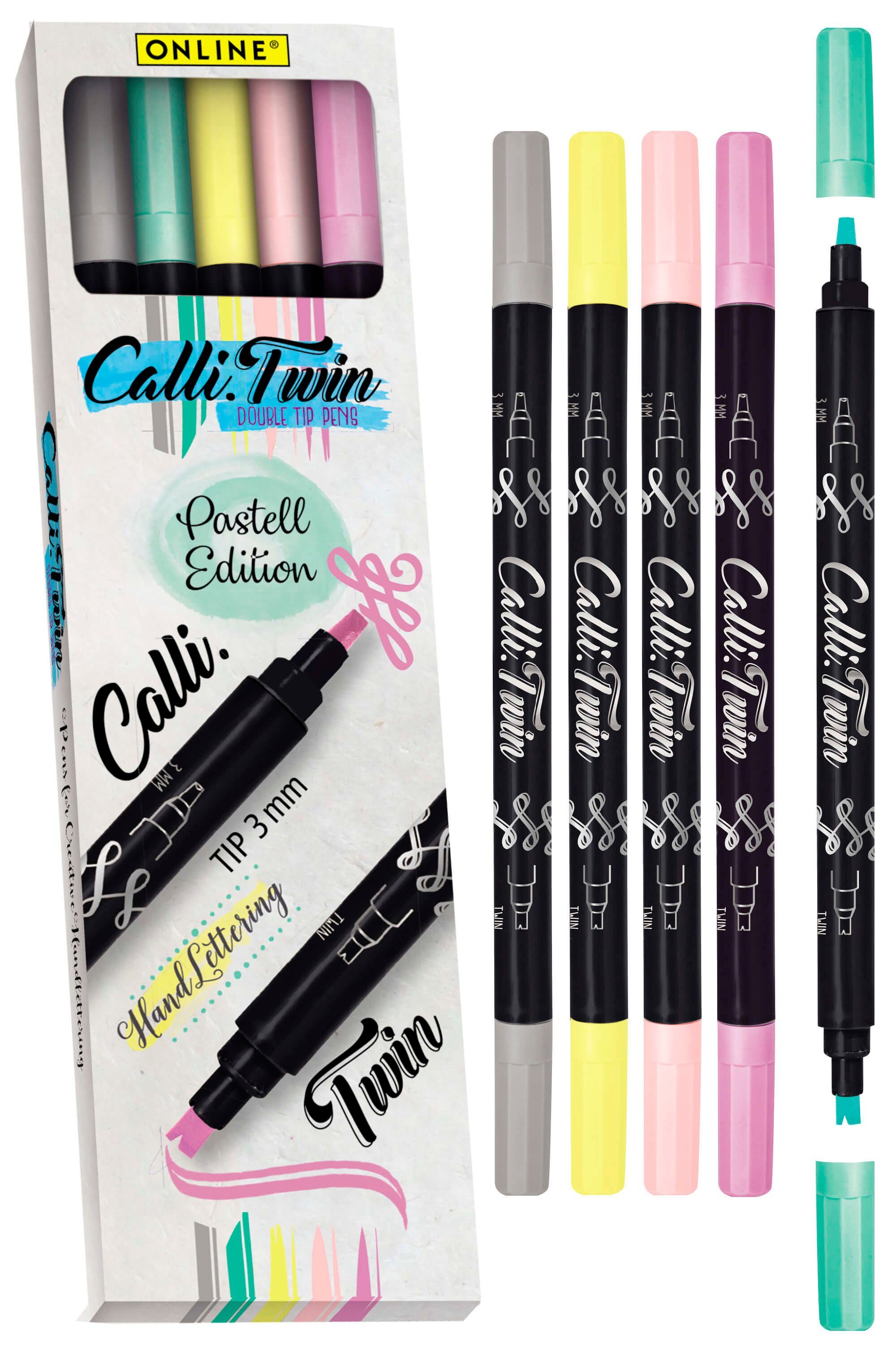 Online Pen Fineliner Calli.Twin, (Kalligrafie-Spitze & Doppel-Zug-Spitze), 5x Handlettering Stifte Set, bunte Brush Pens, verschiedene Spitzen