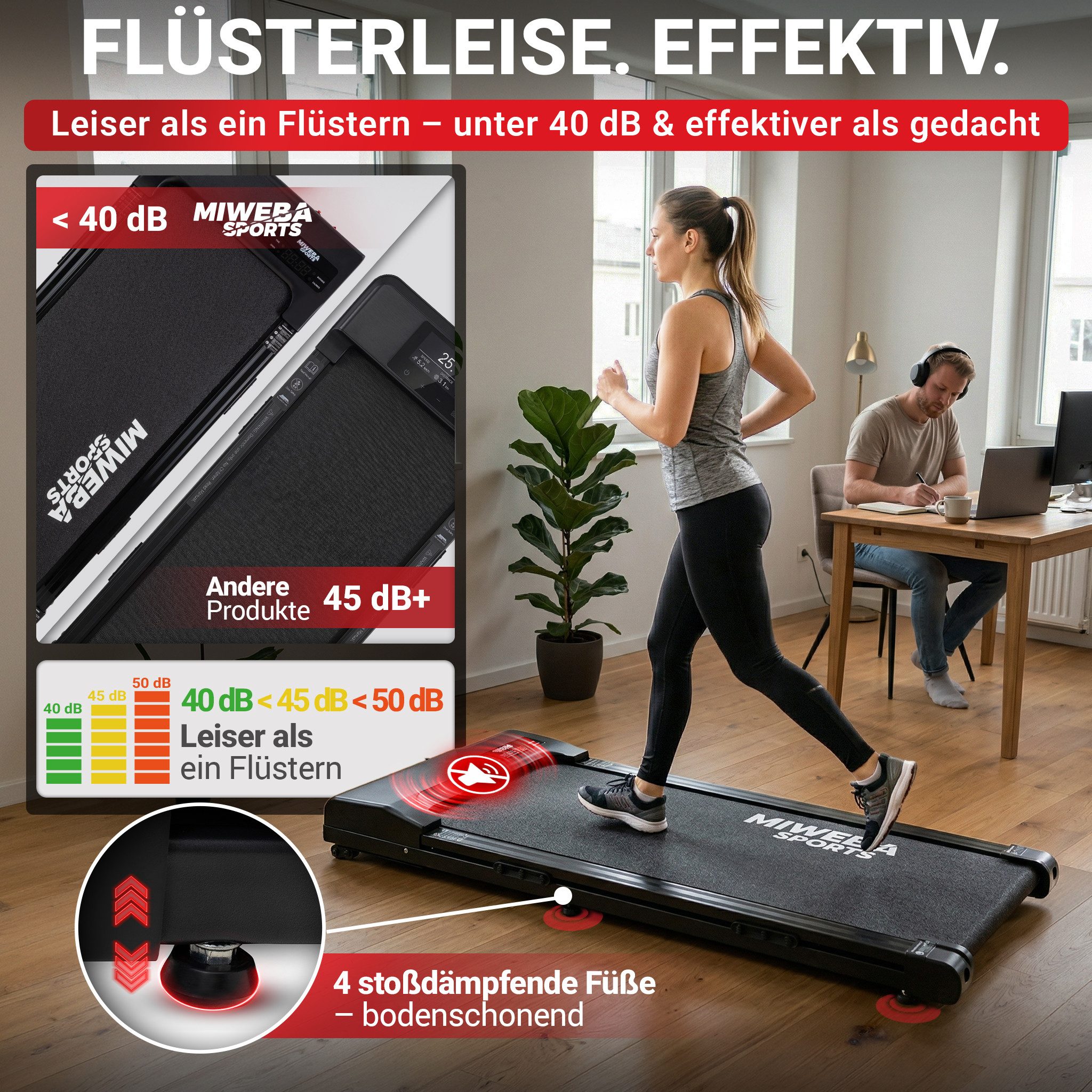 Miweba Sports Laufband Walking Pad WP100 flüsterleise & platzsparend (Laufband klein für zu Hause, Walking Pad mit Steigung, Walking Pad bis 150 Kilo, Walking Pad leise, Walking Pad, Laufband für zu Hause), Walking Pad, Laufband mit Steigung, Laufband klein