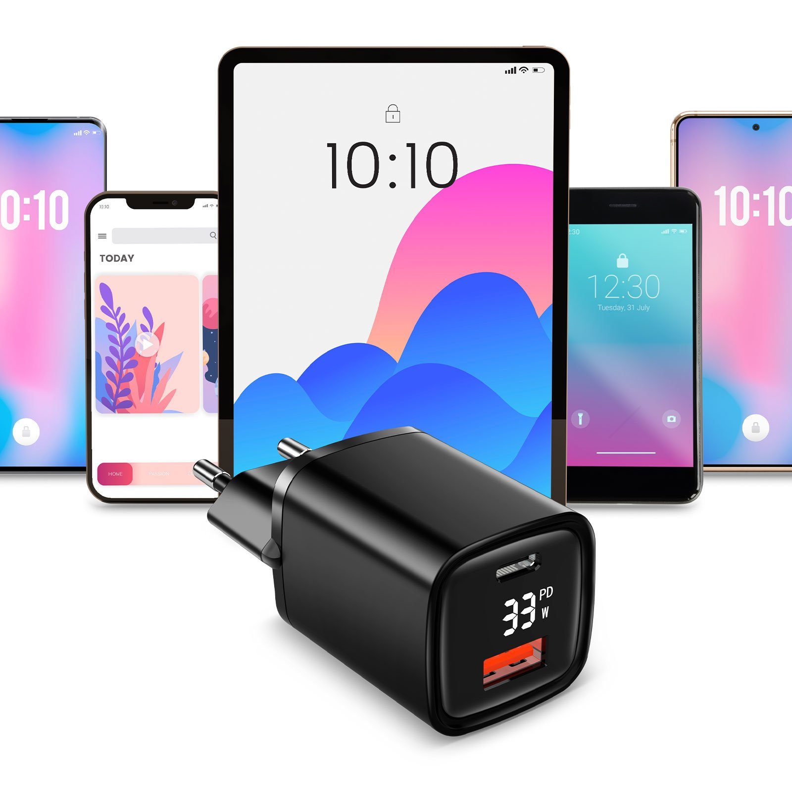 EAXUS 33 Watt USB-A + USB-C Netzteil mit Schnellladefunktion und Display USB-Ladegerät (4000,00 mA, 1-tlg., optional inkl. Schnellladekabel, USB Power Delivery + QC4.0 Schnellladung, zeigt Ladegeschwindigkeit)