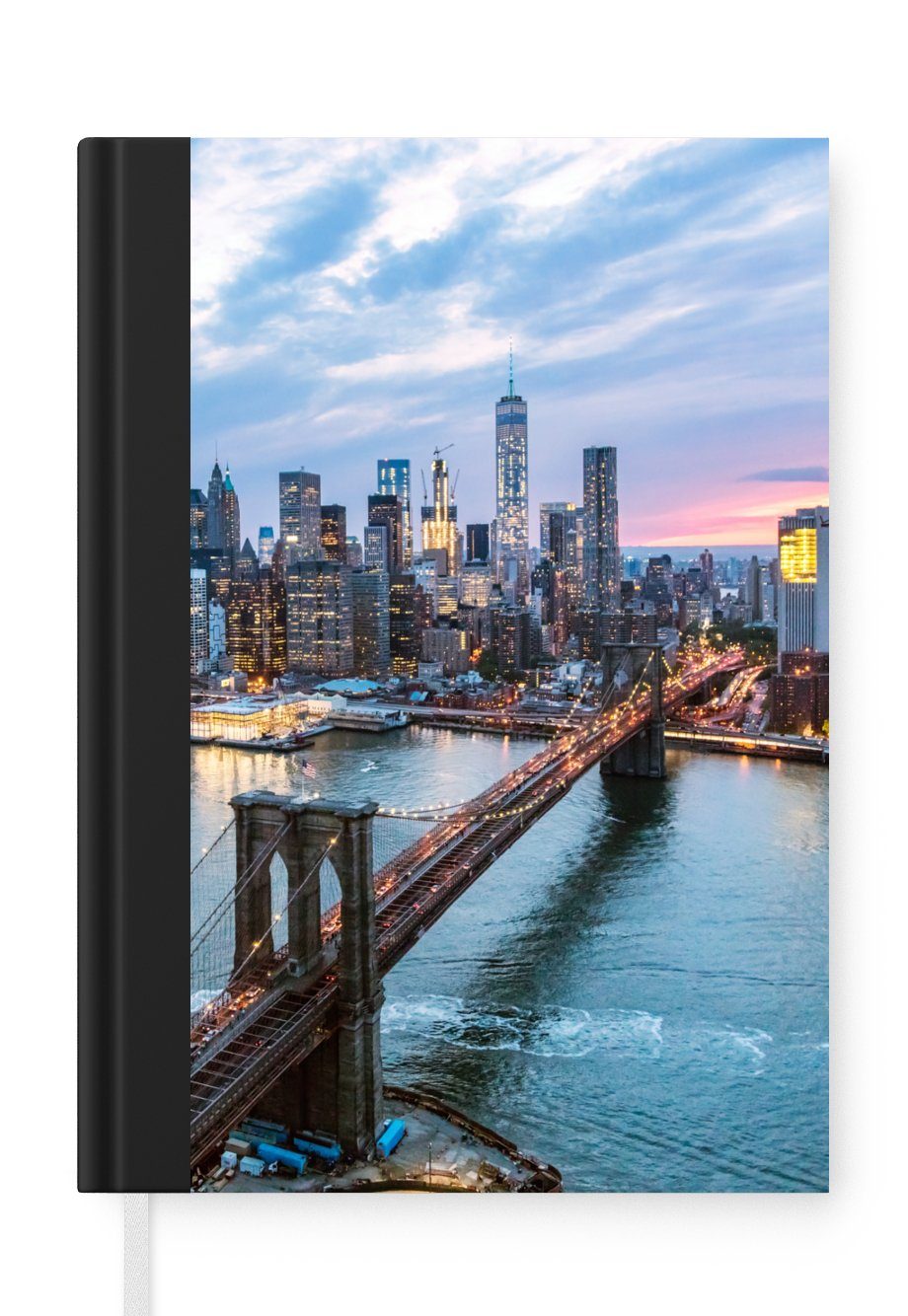 MuchoWow Notizbuch New Yorker Skyline an der Brooklyn Bridge, Journal, Merkzettel, Tagebuch, Notizheft, A5, 98 Seiten, Haushaltsbuch