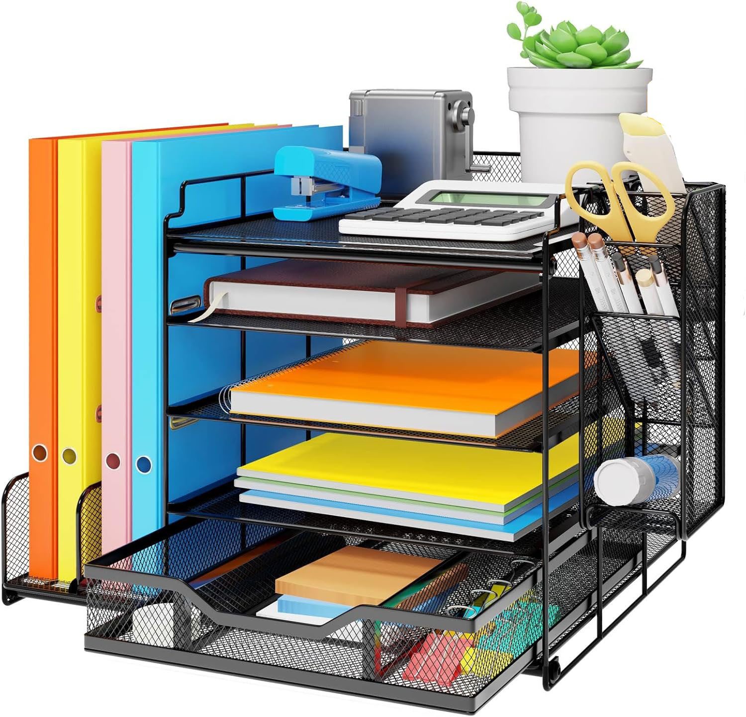 Refined Living Organizer Schreibtisch-Organizer, mit Schublade und 2 Stifthalter, 4-stöckig (Schreibtisch Organizer, 5-stufiger Papier Organizer mit Schublade und Stifthalter,mit vertikalen Aktenordnerhaltern, Büro Organizer, Schreibtisch Aufbewahrung, Bürobedarf, Schreibtisch Ablage, Stifthalter Organizer, Multifunktionale Büroorganisation, Netz Schreibtisch-Organizer für Zuhause, 1 St., Schreibtischablage,Viel Stauraum, Platzsparend und Funktional), für Büro, Zuhause oder Schule – für Lehrer, Schüler und Berufstätige