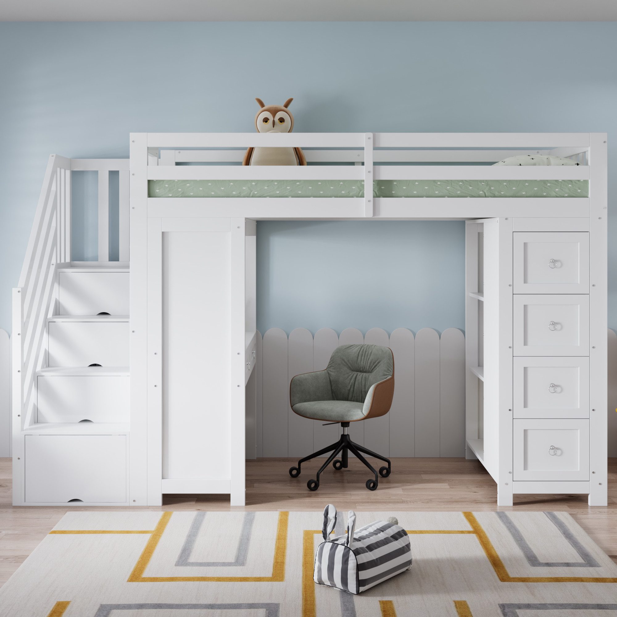 TavilaEcon Hochbett Multifunktionales Hochbett für Kinder mit Stauraum und Lernbereich (1-St) mit Einbautisch, Schubladen, seitliche Regale, 90x200cm, weiß