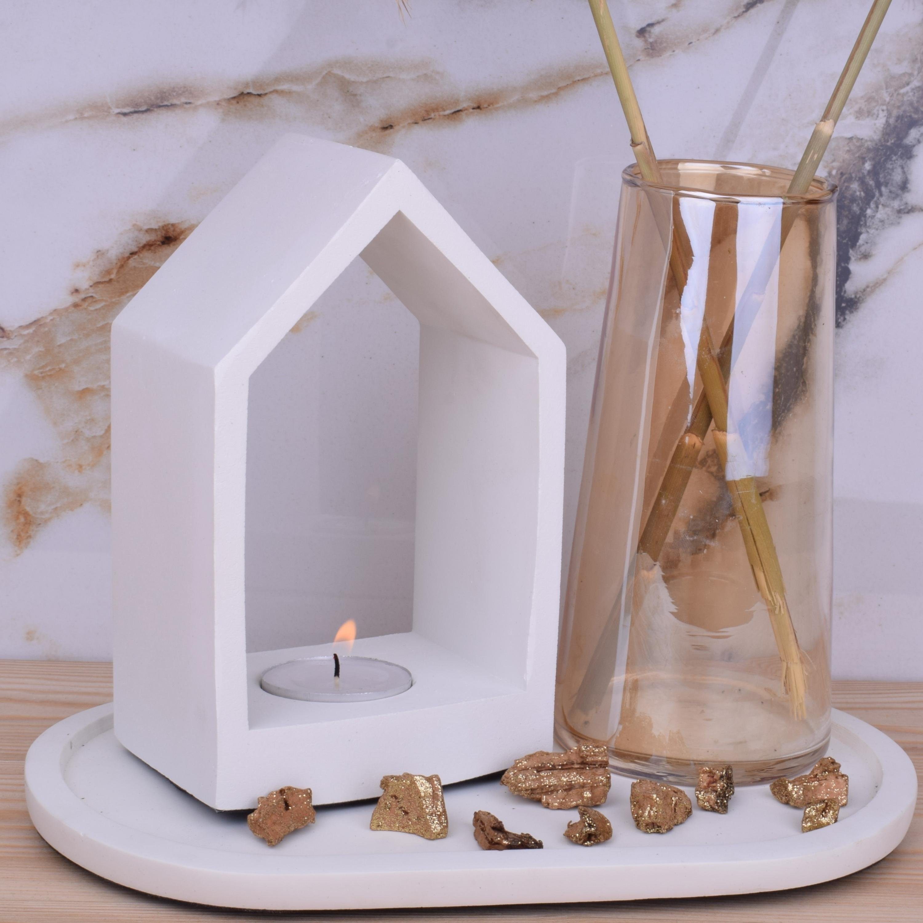 TIVENDIS Dekoschale Kerzenhalter Teelicht Beton-Design "Zuhause" weiß