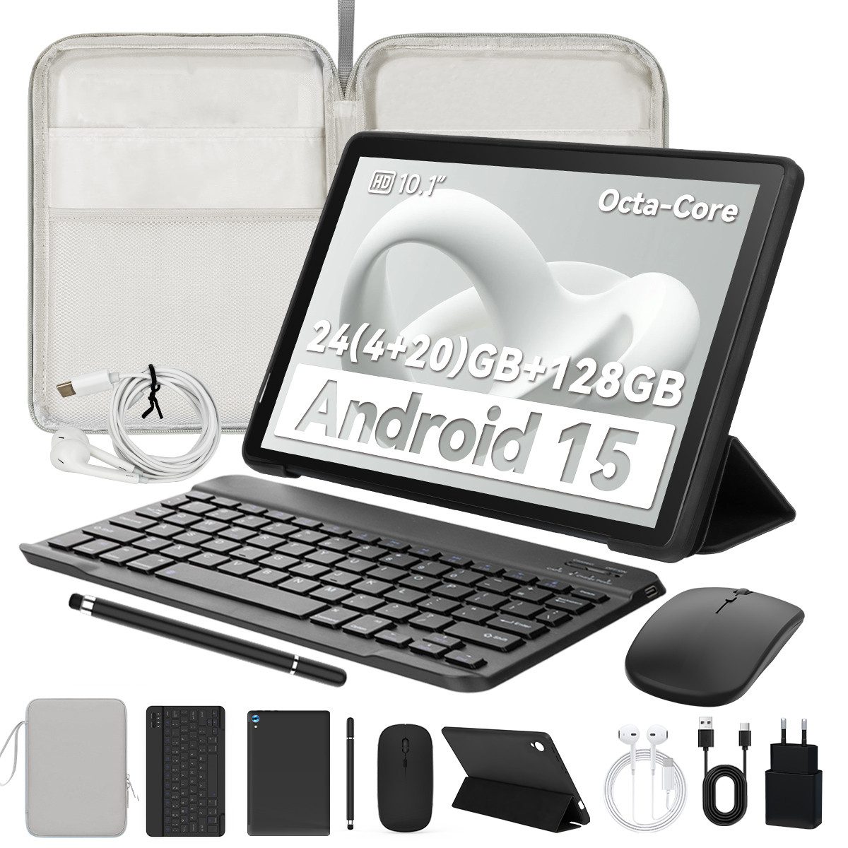 BUFO 10 Zoll Android 15, 4GB RAM 128 GB, mit Tastatur Maus Stift hülle Tablet (10", 128 GB, Android 15, mit AF und Blitz, zwei 1W-Lautsprecher + zwei Mikrofone)