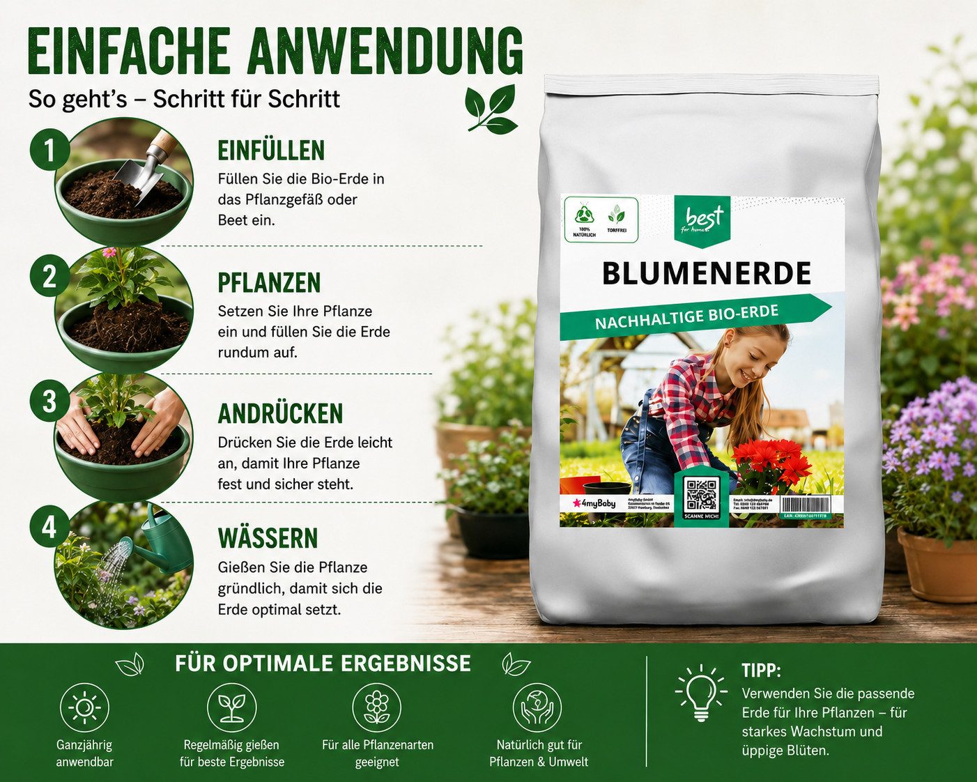 Best for Home Bio-Erde Bio-Blumenerde – Torffrei, für Zimmer- & Balkonpflanzen Blumenerde, mit Organische Pflanzerde, (Einzelartikel, 1-St., 20L / 50L Sack), Bi – Bild 3 von 5