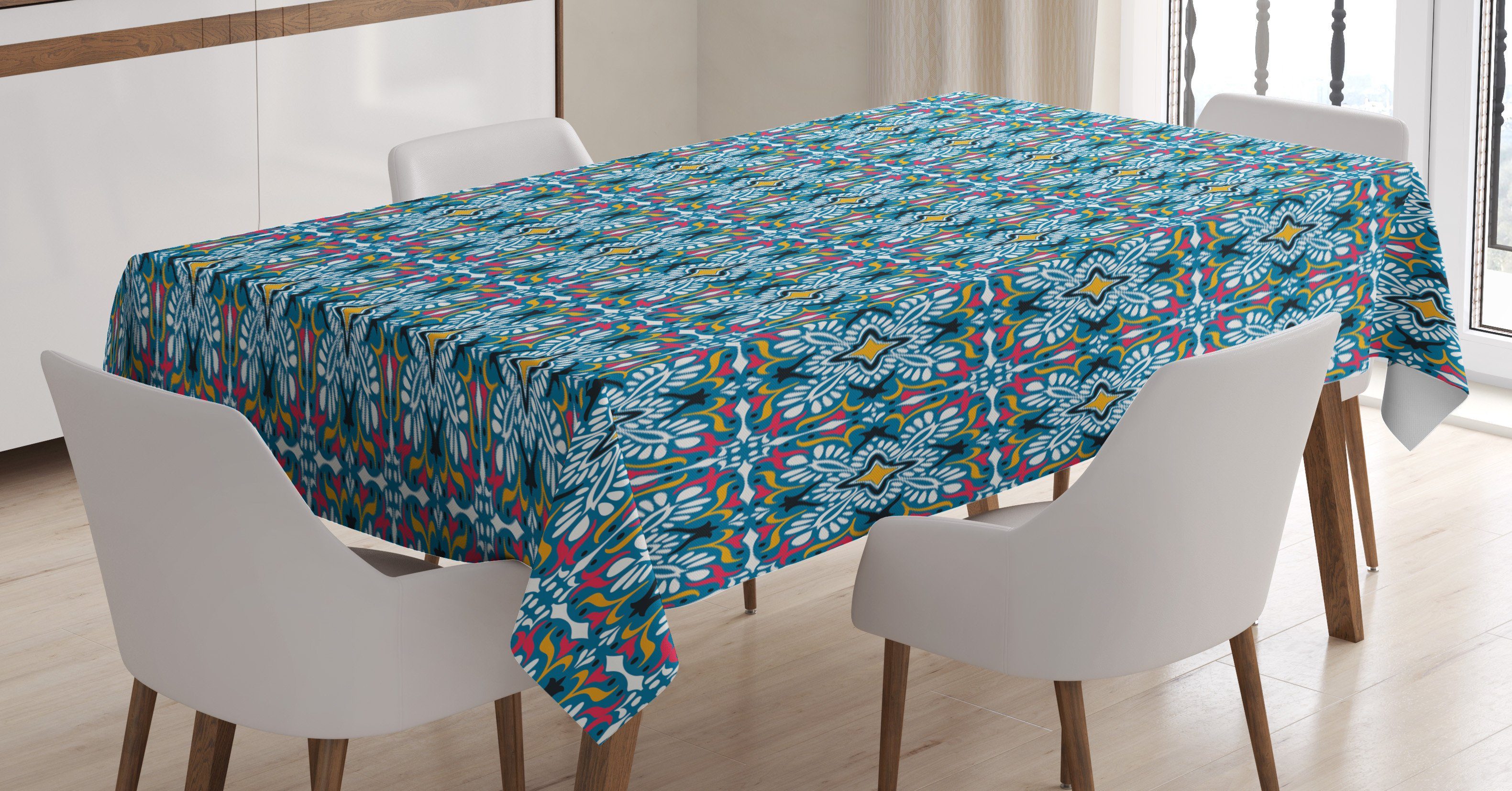 Tischdecke den Bereich Außen Farbfest geeignet Für Farben, Boho Klare Azulejo-Art-Blumenfliesen-Kunst Waschbar Abakuhaus