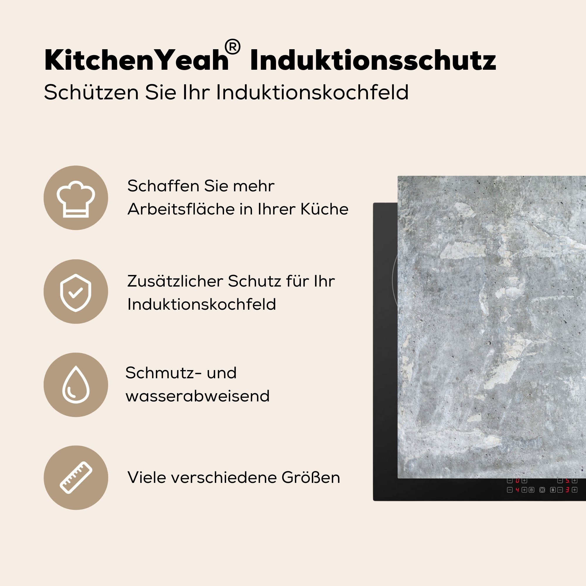 für Schutz die Granit Vinyl, - Induktionskochfeld - 81x52 Herdblende-/Abdeckplatte Design, küche, tlg), - - Ceranfeldabdeckung Grau Stein MuchoWow Industrie (1 cm,