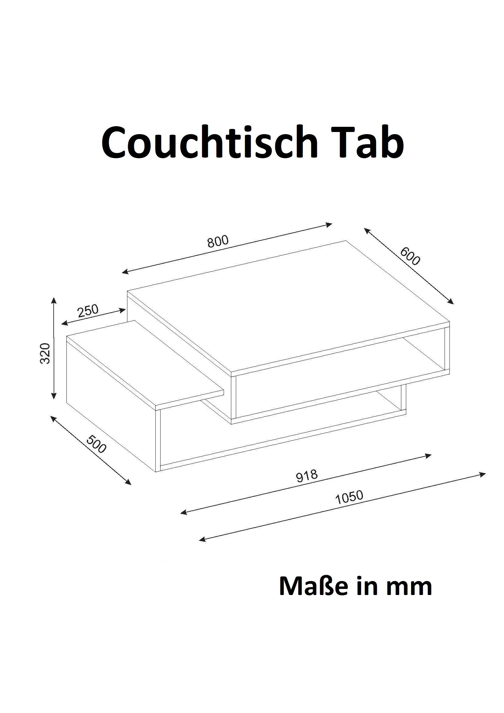 moebel17 Couchtisch Couchtisch Tab Weiß, Couchtisch mit 3 Ablagefächern