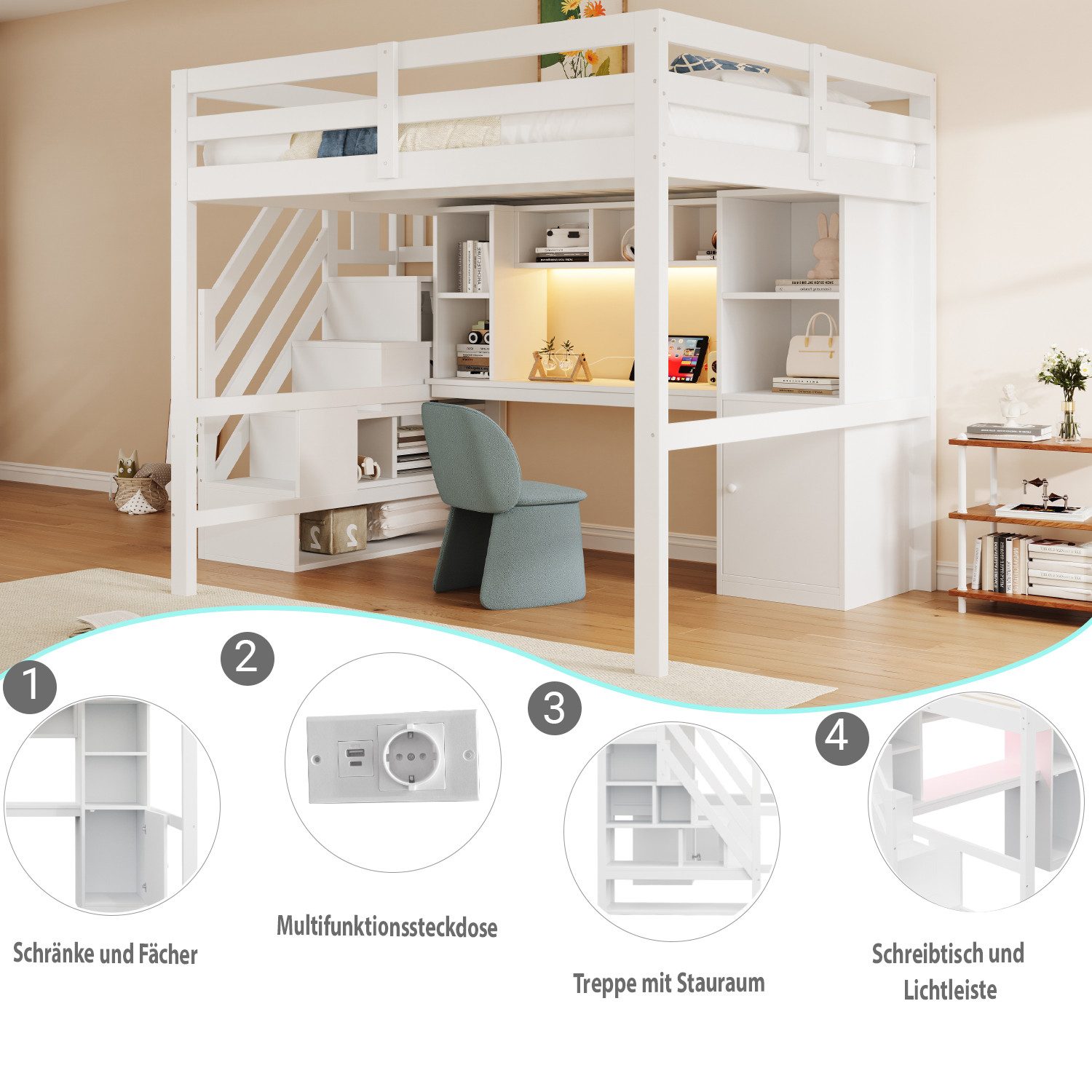 Celya Hochbett mit Treppe, LED-Beleuchtung und EU-Standard-Steckdosen (ohne Matratze, mit Schreibtisch, Regalen und hohen Sicherheitsgittern) Geeignet für Schlafzimmer, Kinderzimmer und Jugendzimmer