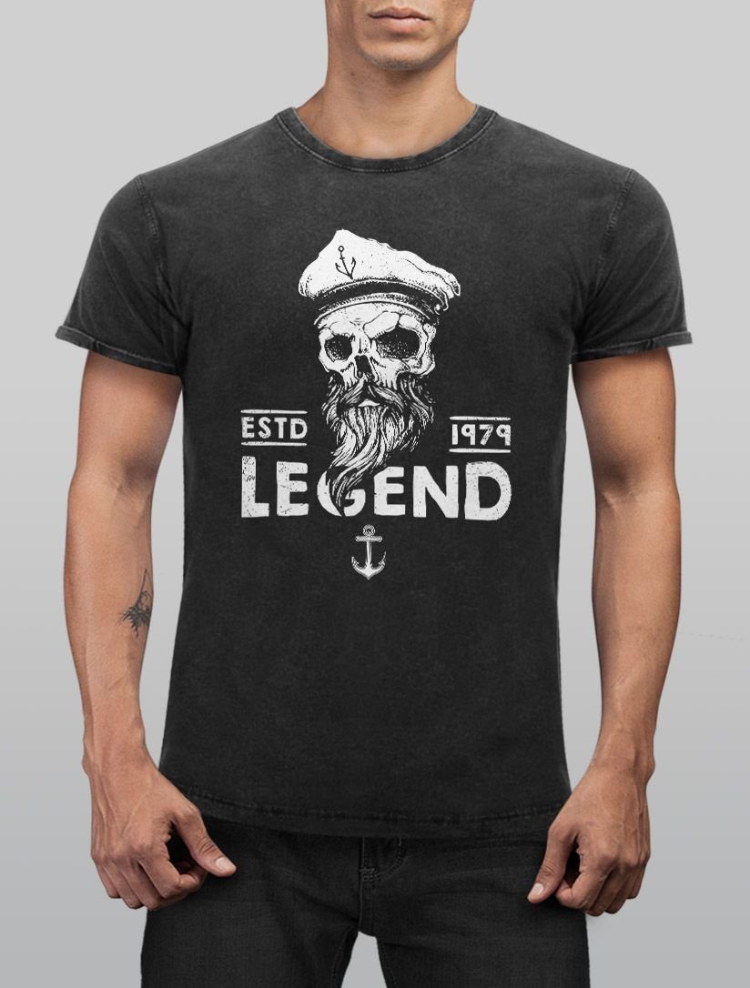 Neverless Print-Shirt Cooles Angesagtes Herren Fit Vintage Look mit Legend Shirt Neverless® T-Shirt Aufdruck Used Print Captain Totenkopf schwarz Slim
