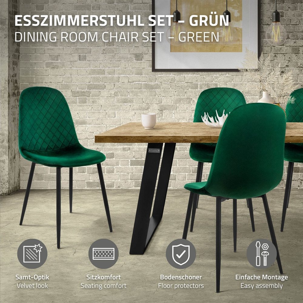 ML-DESIGN Stuhl Esszimmerstuhl mit Rückenlehne, Polsterstuhl mit Metallbeinen (4 St), Wohnzimmerstuhl ergonomisch Dunkelgrün mit Samtbezug Küchenstuhl