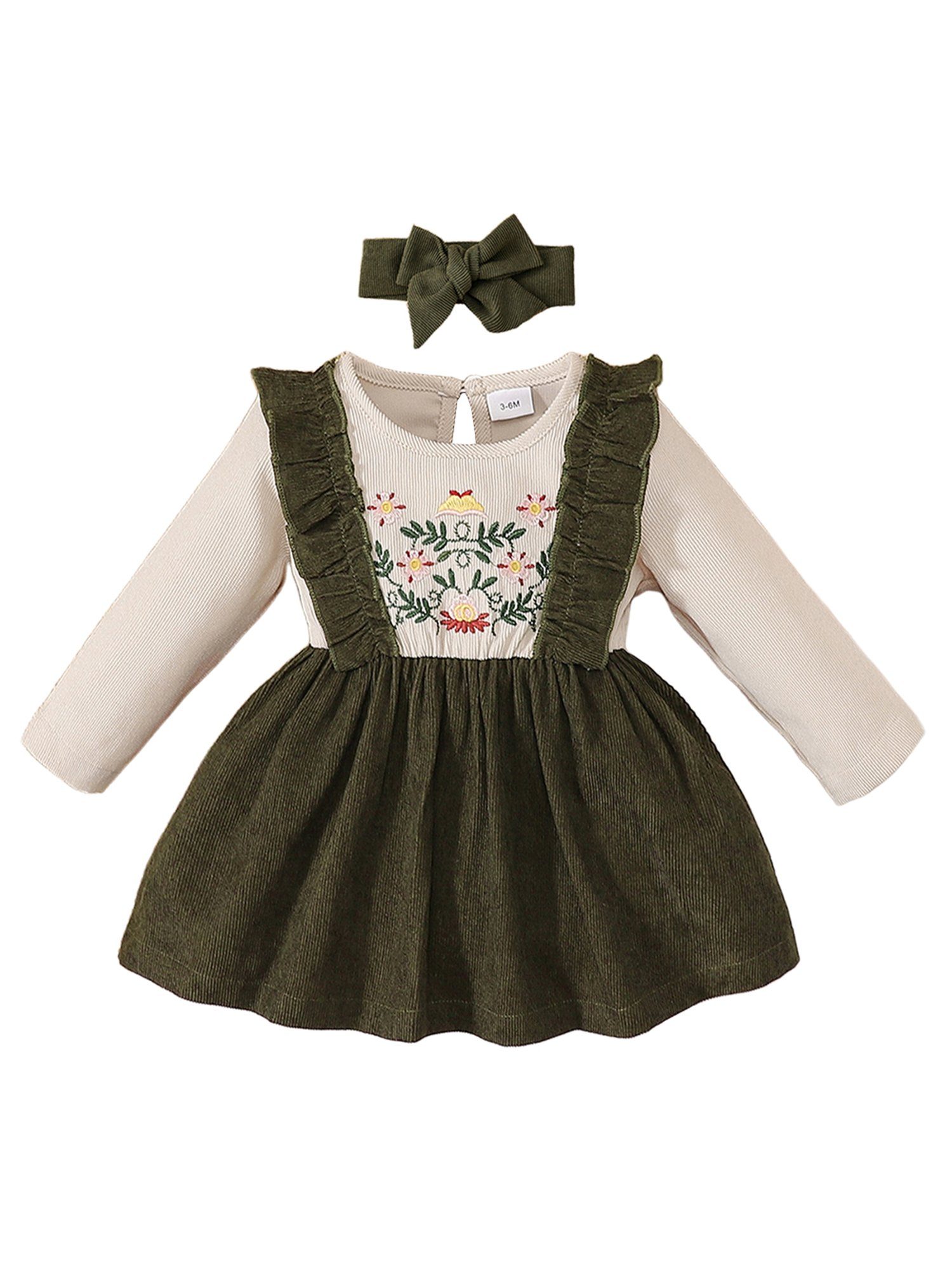 LAPA A-Linien-Kleid Baby Mädchen Knielanges Rundhals Langarm Kleid Set mit Pit-Streife besticktem Blumenkleid Partykleid, 2-tlg Kleid & Stirnband