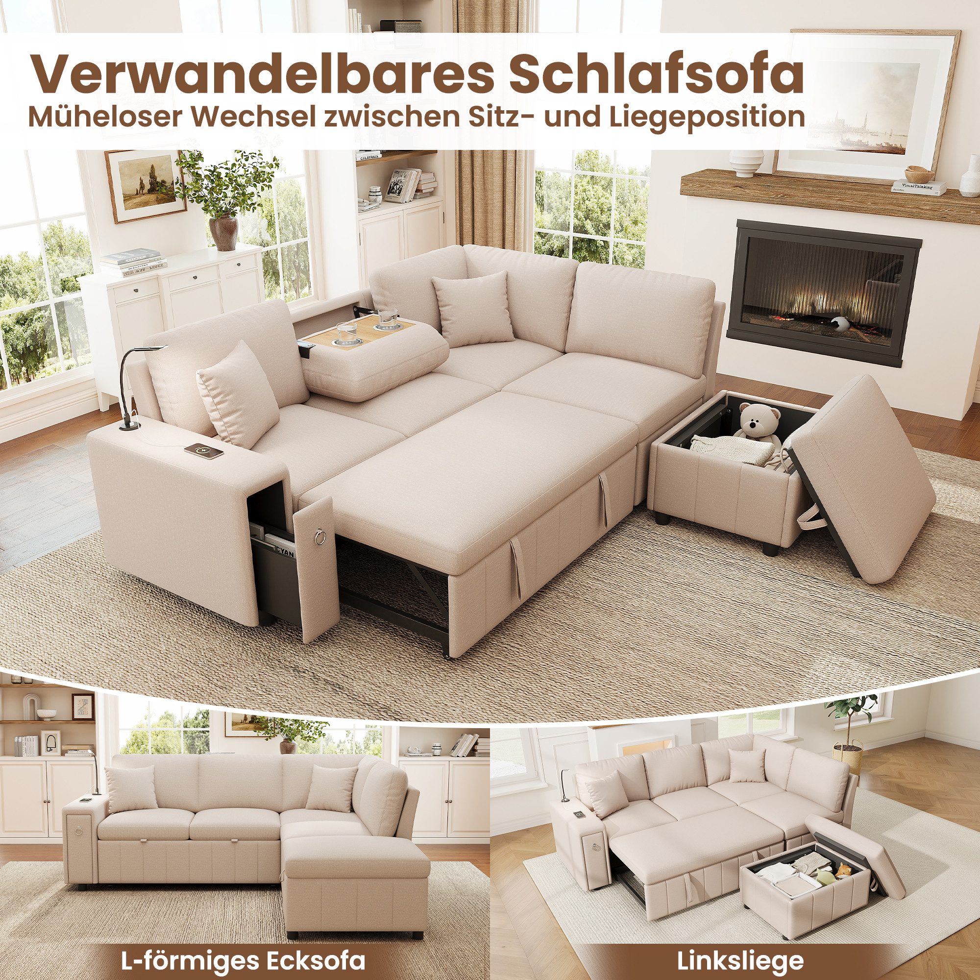 i@home Ecksofa L‑förmiges ausziehbares Ecksofa mit Schlaffunktion, Schlafsofa, USB und Type‑C Anschluss, Leselicht, Stauraum in der Armlehne