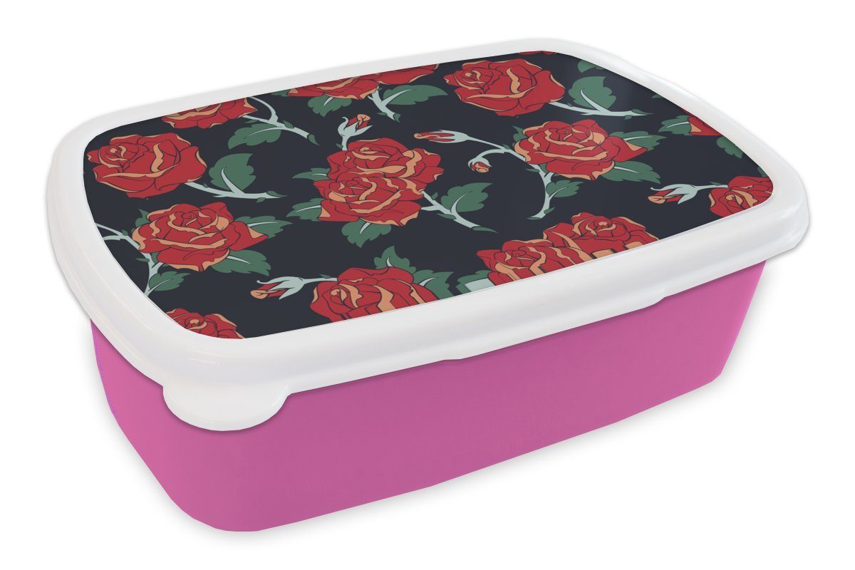 MuchoWow Lunchbox Rosen - Blume - Muster - Rot, Kunststoff, (2-tlg), Brotbox für Erwachsene, Brotdose Kinder, Snackbox, Mädchen, Kunststoff rosa