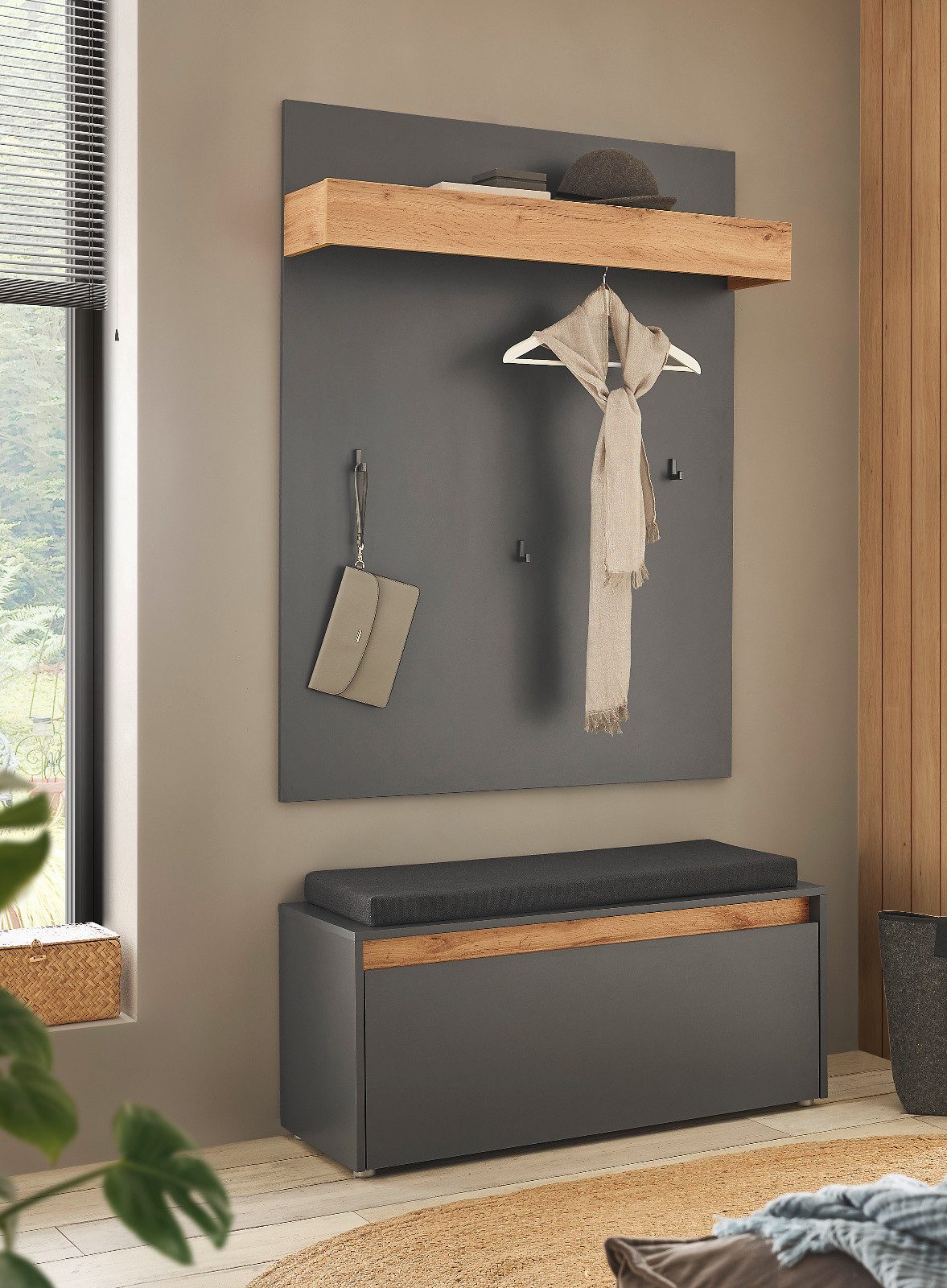 Furn.Design Garderoben-Set Center, (in grau matt und Wotan Eiche, 3-St., 100 x 200 cm), inklusive Sitzkissen