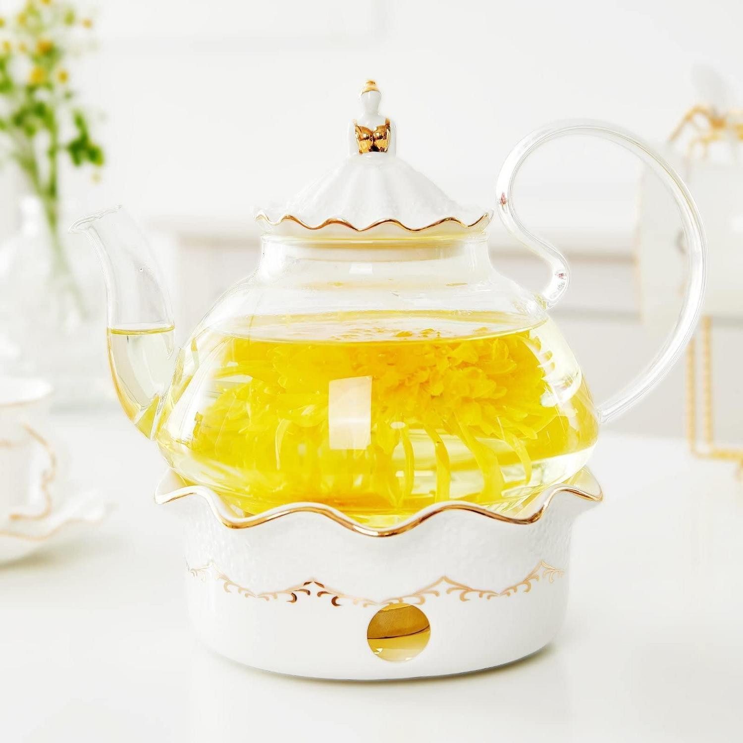 LuxusKollektion Teekanne Teekanne mit Stövchen 1.2L Glas Gold