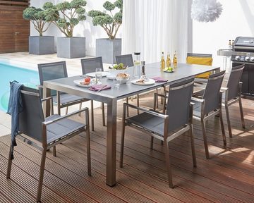 Outdoor Gartentisch INDIANAPOLIS, 180 - 250 x 100 cm, Ausziehbar, Grau, Edelstahlgestell, Tischplatte aus marmoriertem HPL
