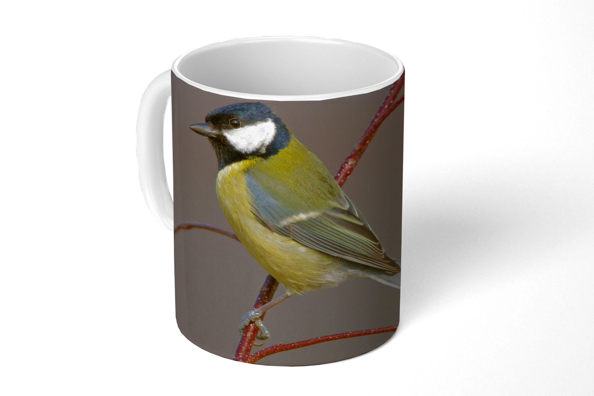 MuchoWow Tasse Porträt einer Kohlmeise einem Teetasse, Teetasse, auf roten Stiel, Geschenk Becher, Kaffeetassen, Keramik