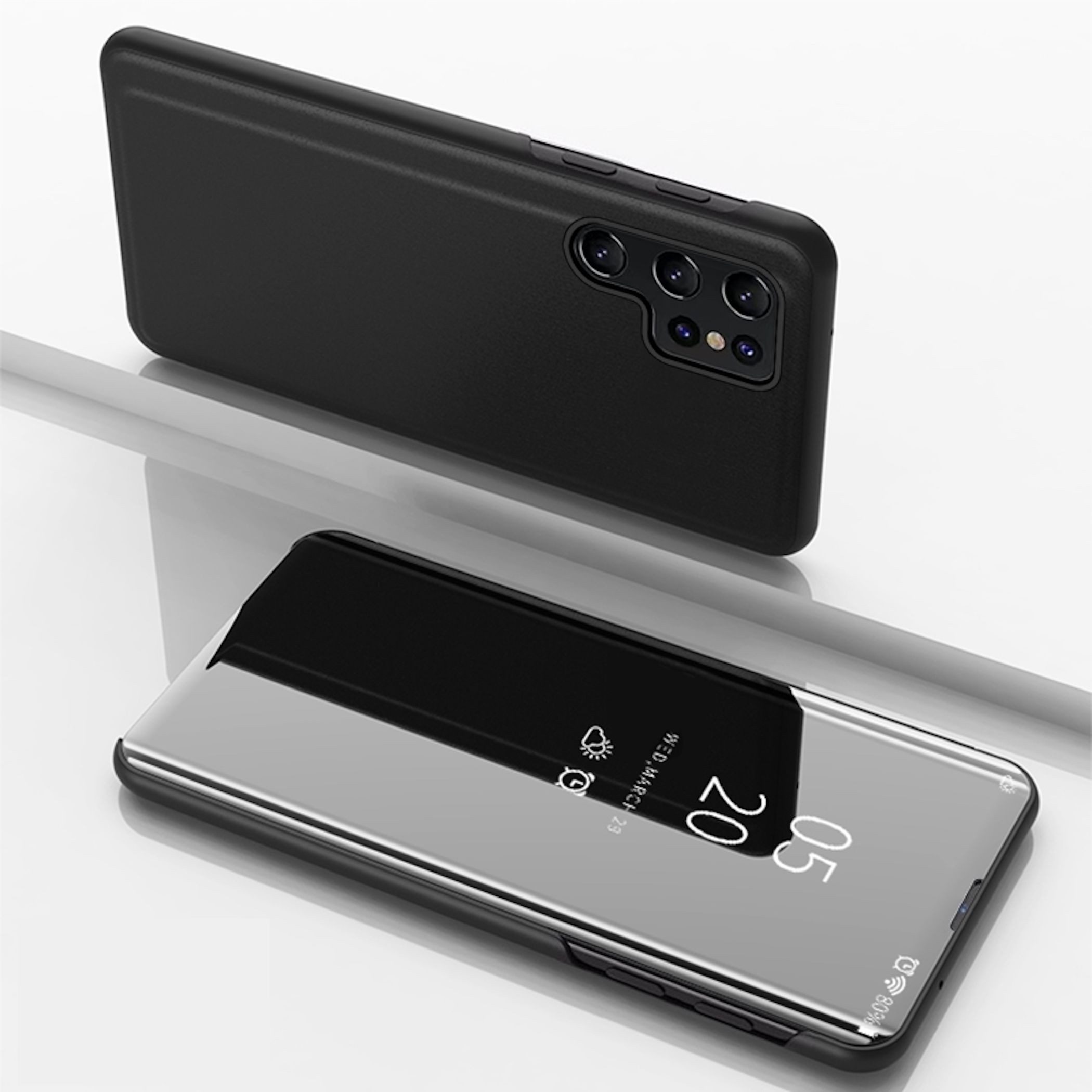 Wigento Handyhülle Flipcase für Samsung Galaxy S26 Ultra Klapp Spiegel Wake UP Schwarz 6,9 Zoll, Elektroplattiertes Spiegel-Design, horizontaler Klappständer