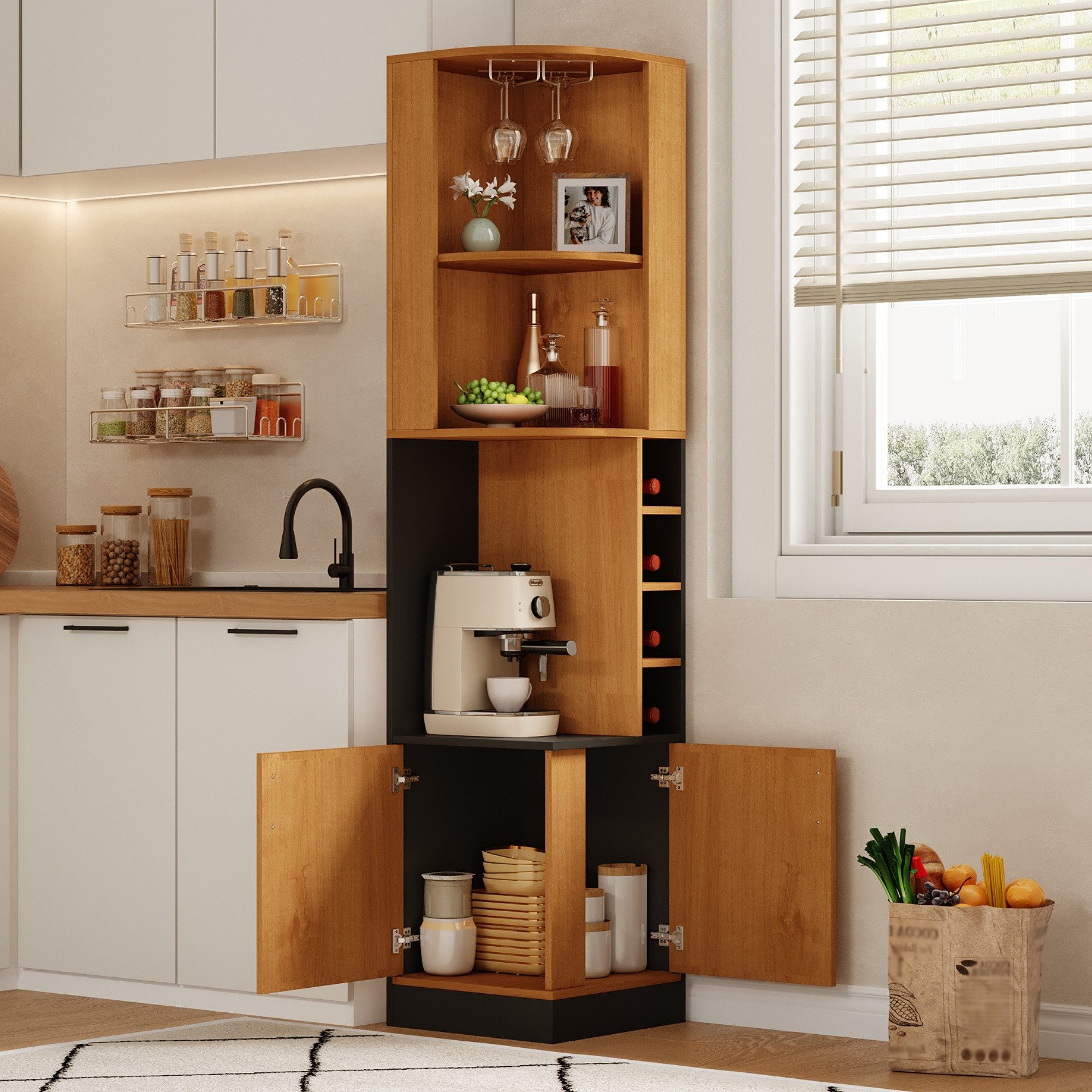 HAUSS SPOLE Eckvitrine mit Weinglasregal,freistehend Bartheke Hochschrank 40×40×182cm,Natur (Wohnzimmerschrank mit geschlossenem Unterschrank und offenen Regalfächern für Esszimmer, Küche und Wohnzimmer) Bücherregal Beistellschrank mit Edelstahl-Weinglashalter