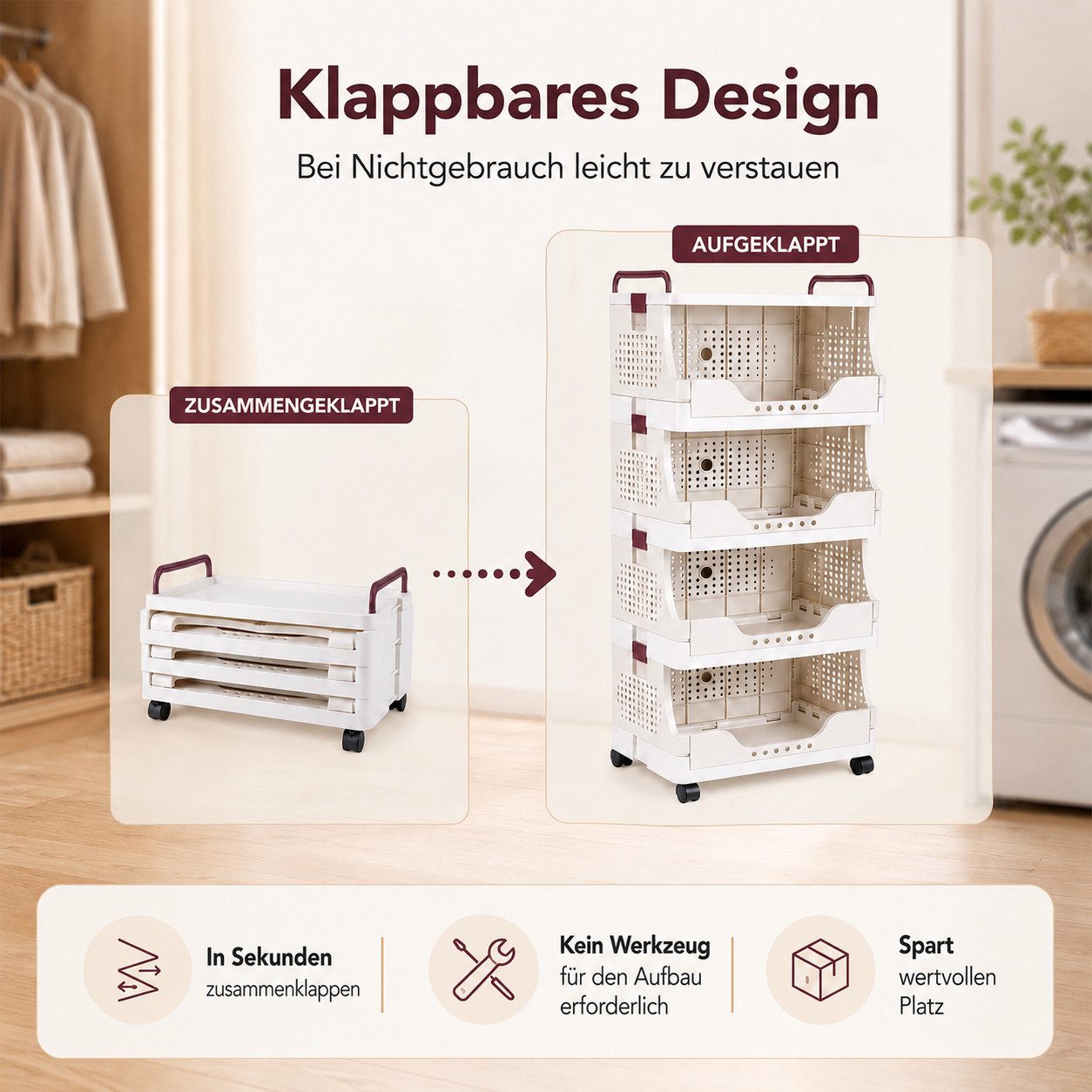 BlingBin Rollwagen Klappbarer Aufbewahrungswagen mit 4 Körben, Rollen und Ablage, (Ordnungswagen, 1 St., 1tlg), Küchenwagen, Beistellwagen, PP Kunststoff, Creme – Bild 5 von 5