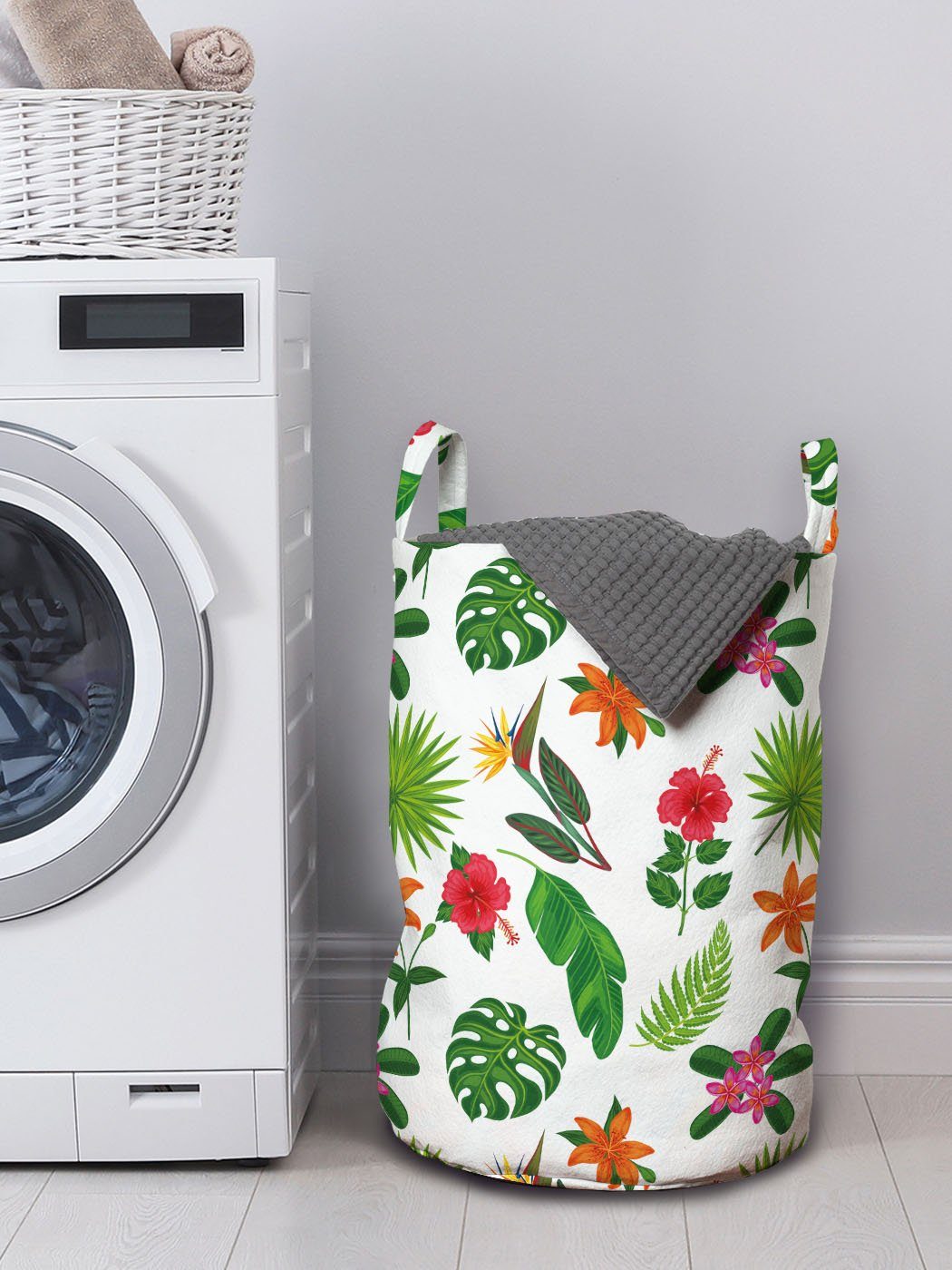 Wäschekorb Jungle Leaves Abakuhaus für Wäschesäckchen Kordelzugverschluss Waschsalons, mit Griffen Töne von Grün-Blumen