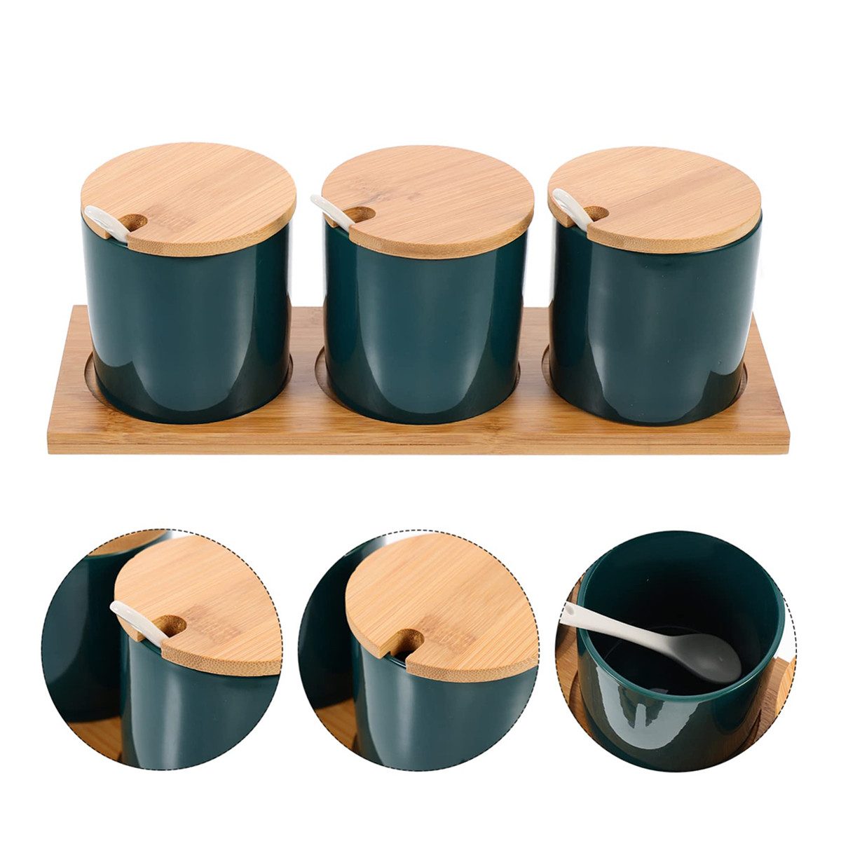 DOPWii Kaffeedose 3 Stück versiegelter Keramik-Kaffeebohnenbehälter mit Bambusdeckel, glatter Kaffeebehälter mit Regal und Löffel, schwarz