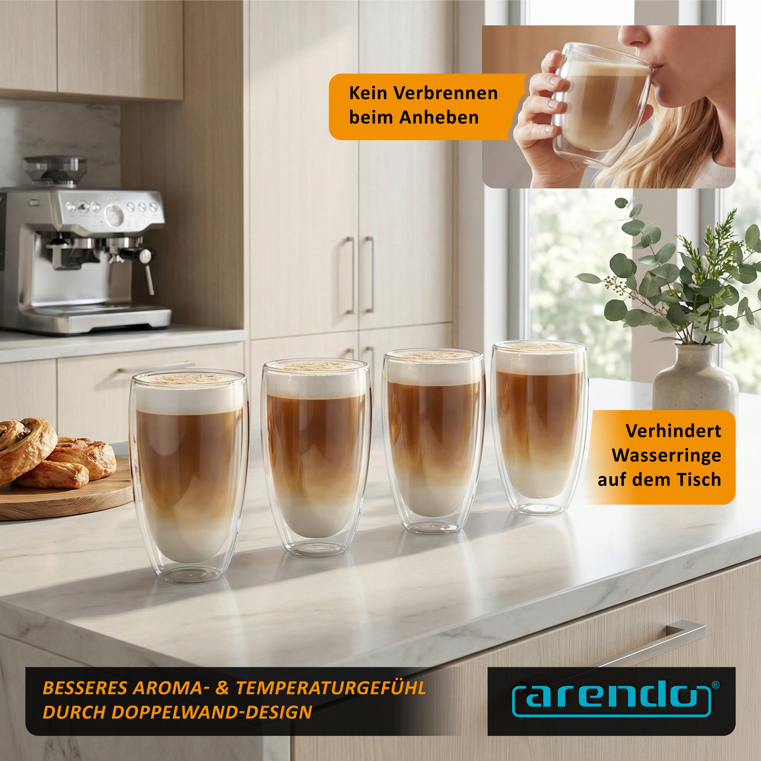Arendo Gläser-Set doppelwandige Thermogläser, 450 ml Kaffeetasse, Trinkglas ohne Henkel, 8-tlg., Glas, für Latte Macchiato, Cappuccino, Tee, hitzebeständig spül – Bild 3 von 5