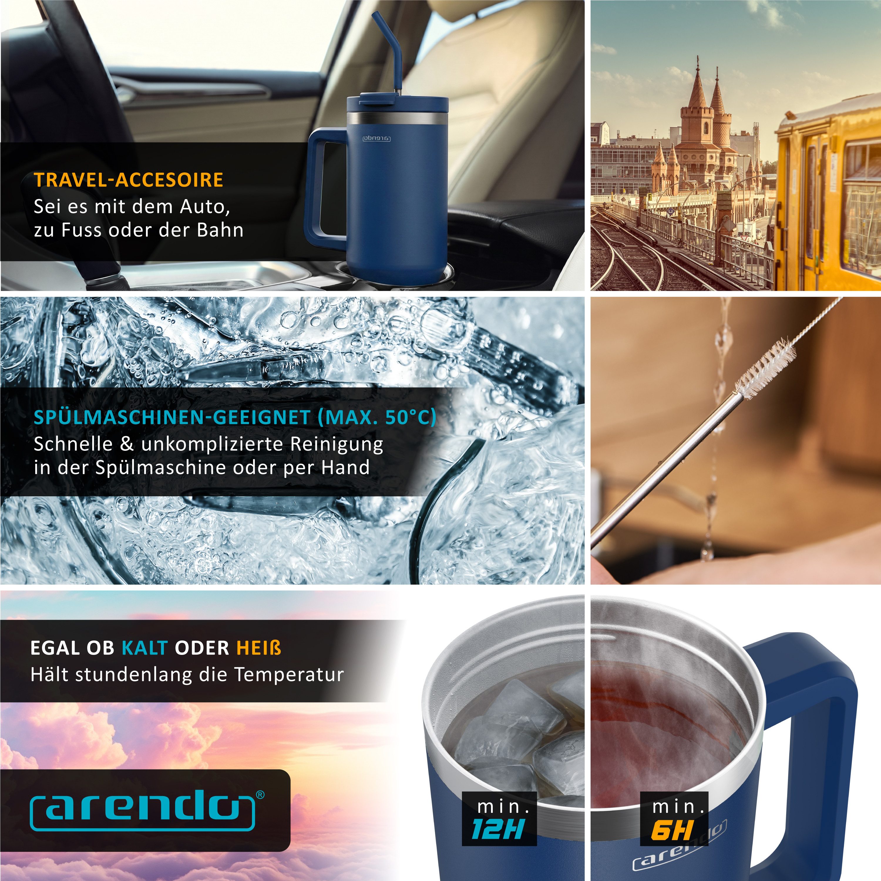Arendo Thermobecher Tumbler 1200 ml, Becher mit Deckel, Henkel und Strohhalm, Thermal Mug, 1-tlg., Edelstahl, kohlensäuregeeignet, auslaufsicher, doppelwandig,  – Bild 4 von 5