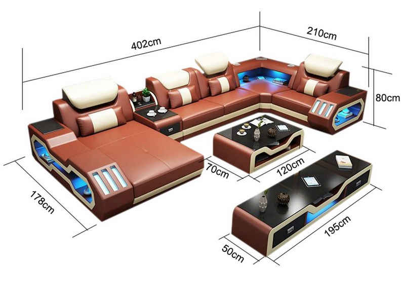 JVmoebel Ecksofa Wohnlandschaft Couch Sofa Beleuchtet USB Station Ecksofa Sofas Couchen