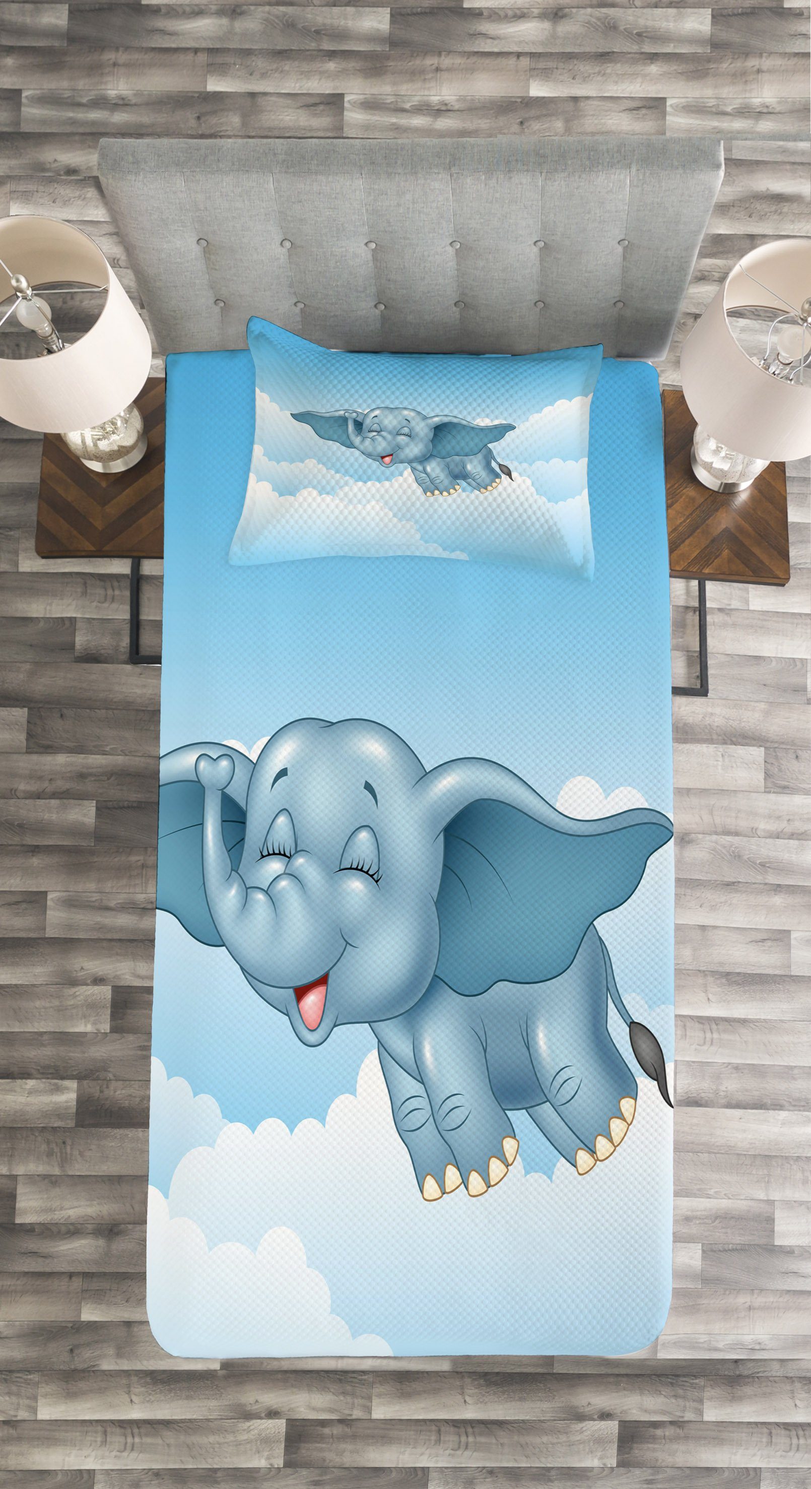 Abakuhaus, und mit Kissenbezügen Set Waschbar, Baby-Elefant Tier Wolken Tagesdecke