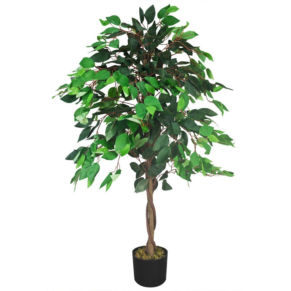 Kunstpflanze Ficus Benjamin Birkenfeige Künstliche Pflanze mit Echtholz 110cm, Decovego