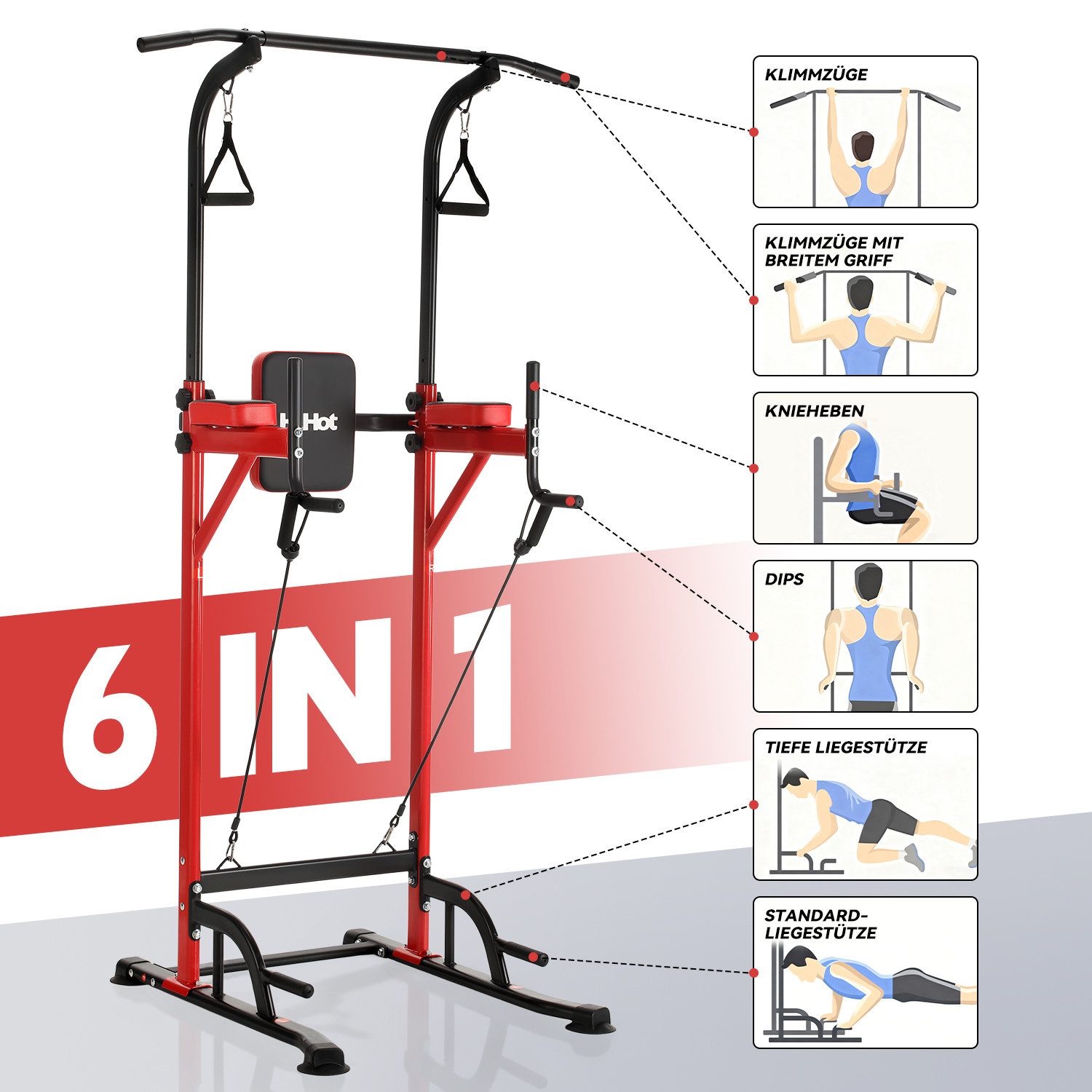 kehot Kraftstation Höhenverstellbare Klimmzugstation – Power Tower für Zuhause, (Multifunktionale Fitness-Station mit Dip-Bar und Rückenpolster, Kraftstation aus Stahlrohr für Klimmzüge, Dips & Core-Training), Pull-Up & Dip Station 190–230 cm Höhenverstellbar fürs Home-Gym