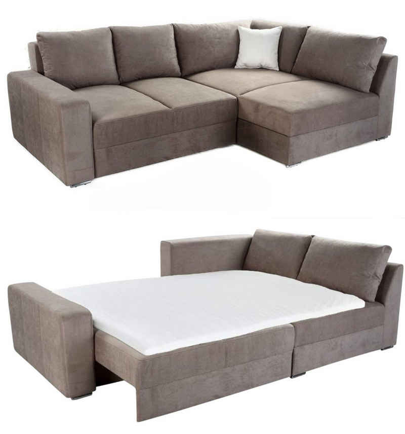 luma-home Ecksofa 15108, Dauerschläfer 268x180 cm mit 2 Bettkästen, Ottomane links oder rechts, Federkern, Boxspring, Topper, Mikrofaser, Hell-Braun