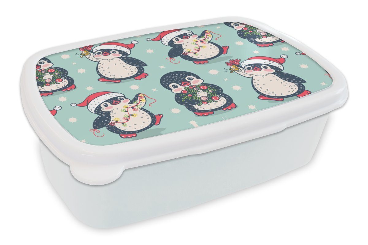 MuchoWow Lunchbox Pinguin - Lichterkette - Weihnachtskranz - Schnittmuster, Kunststoff, (2-tlg), Brotbox für Kinder und Erwachsene, Brotdose, für Jungs und Mädchen weiß