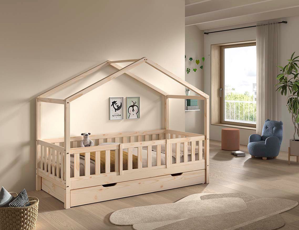 Vipack Hausbett Dallas, Massivholzbett mit Dachaufbau umbaubar vom Boden- zum Daybett (inkl. Rolllattenrost und Sprossenumrandung, 90x200 cm breit), mit Bettschublade, wahlweise Kiefer massiv natur oder weiß