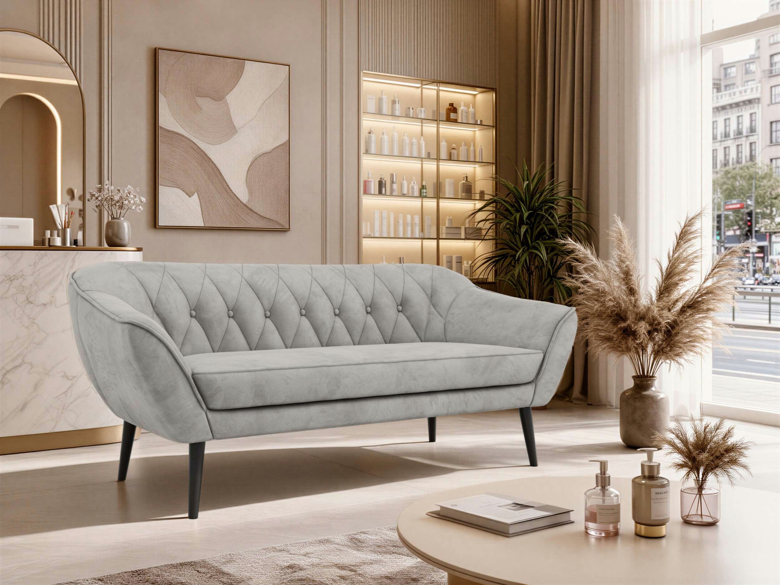 MKS MÖBEL Sofa PIRS, 3-Sitzer, Design mit Steppung, Wellenfederung, Scandi-Design, Füße wählbar