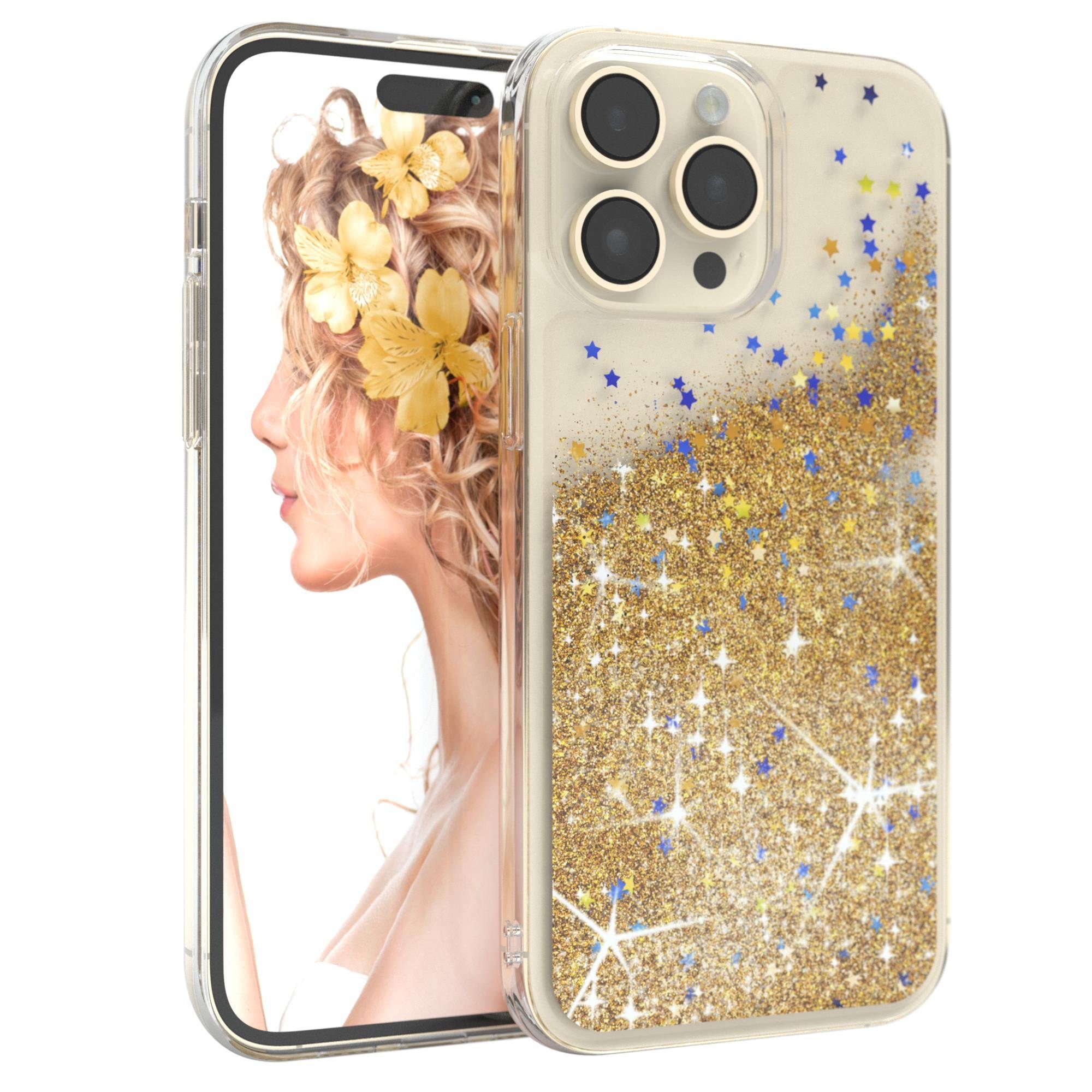 EAZY CASE Handyhülle Liquid Glittery Case für Apple iPhone 14 Pro Max 6,7 Zoll, Durchsichtig Back Case Handy Softcase Silikonhülle Glitzer Cover Gold