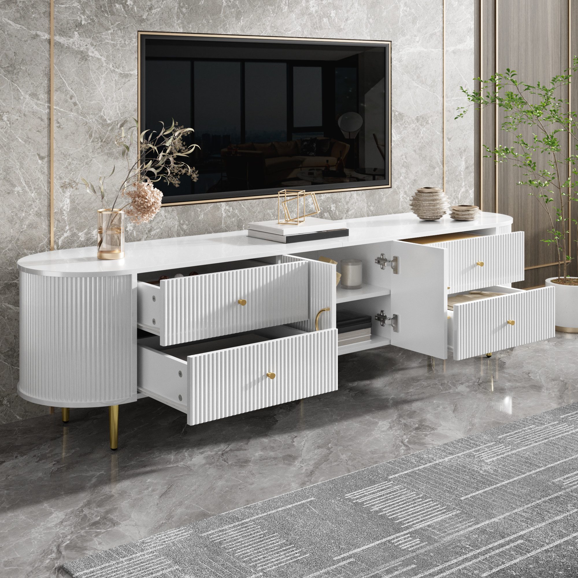 HAUSS SPOLE TV-Schrank mit abgerundete Kanten,Lowboard Fernsehbank mit Kabeldurchlass,Weiß (Fernsehschrank TV-Ständer mit 3D-Wellenstruktur und Metallfüßen) modernes Design-Lowboard mit Stauraum