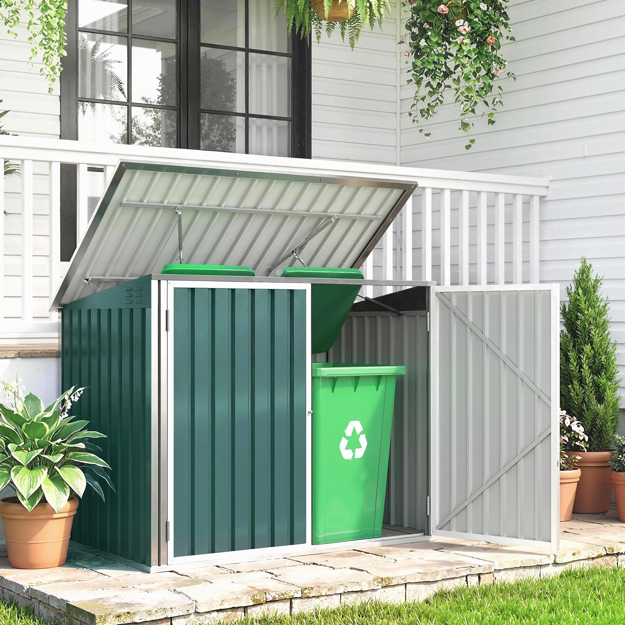 Outsunny Mülltonnenbox mit Doppeltür Deckel für 2 Mülltonnen (abschließbar Gerätebox, 1 St., Müllbox), Stahl 179,5 x 108 x 129,5,113 cm Grün